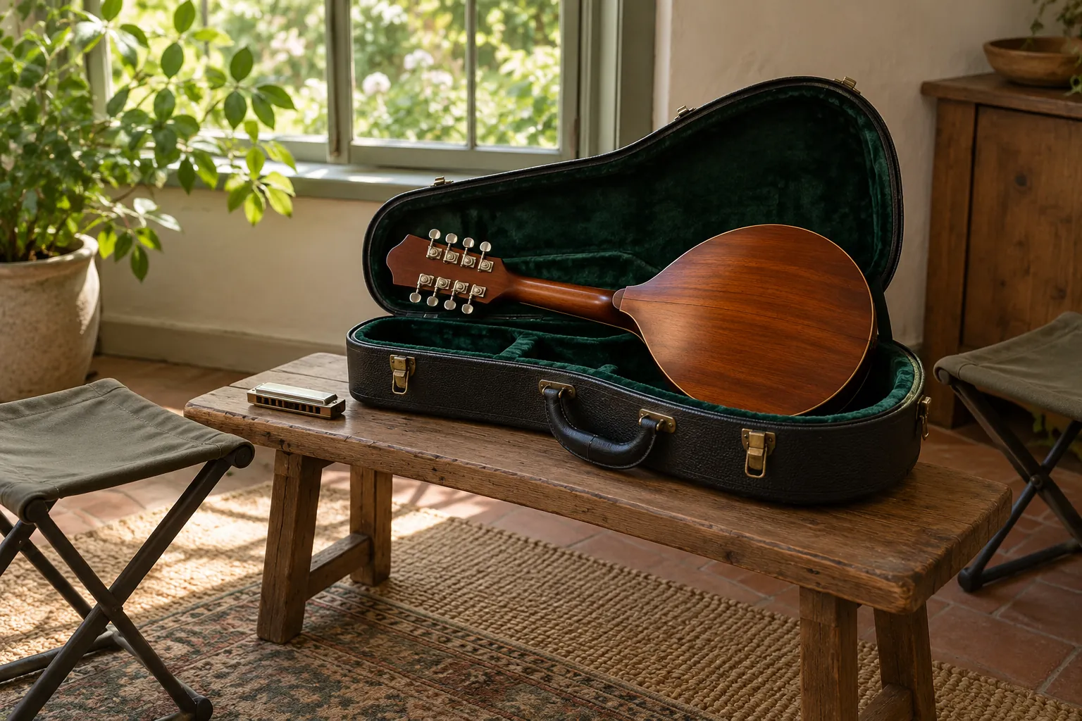 Illustration: A mandolin in an open case beside a harmonica box.