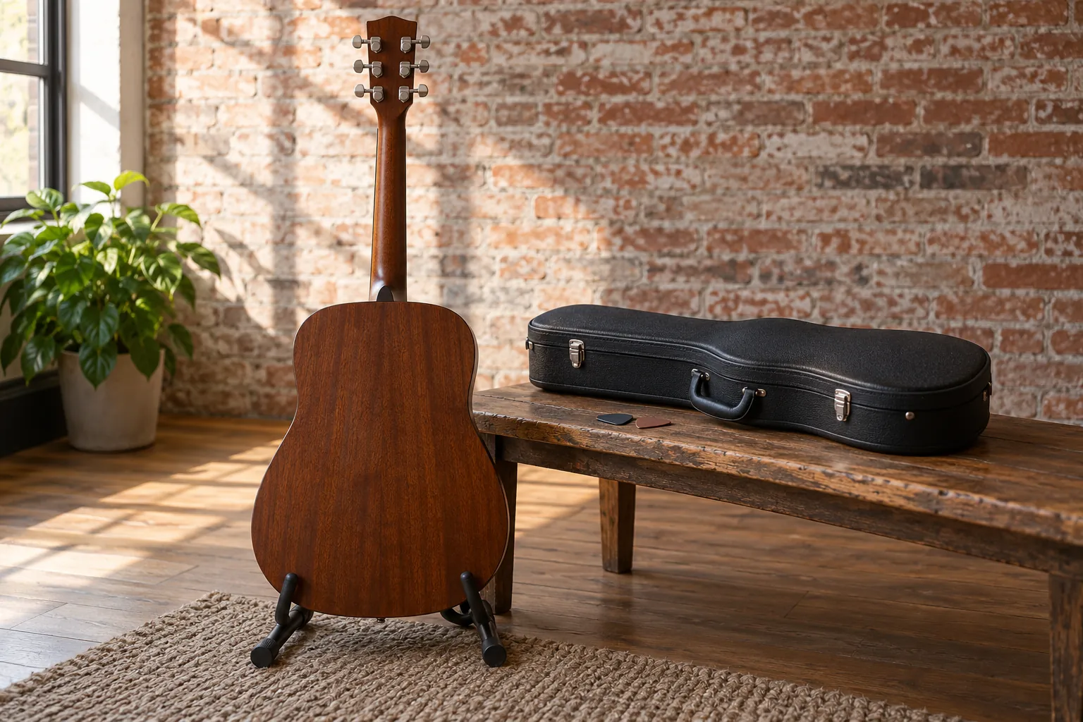 Illustration: An acoustic guitar on a stand beside a closed violin case.