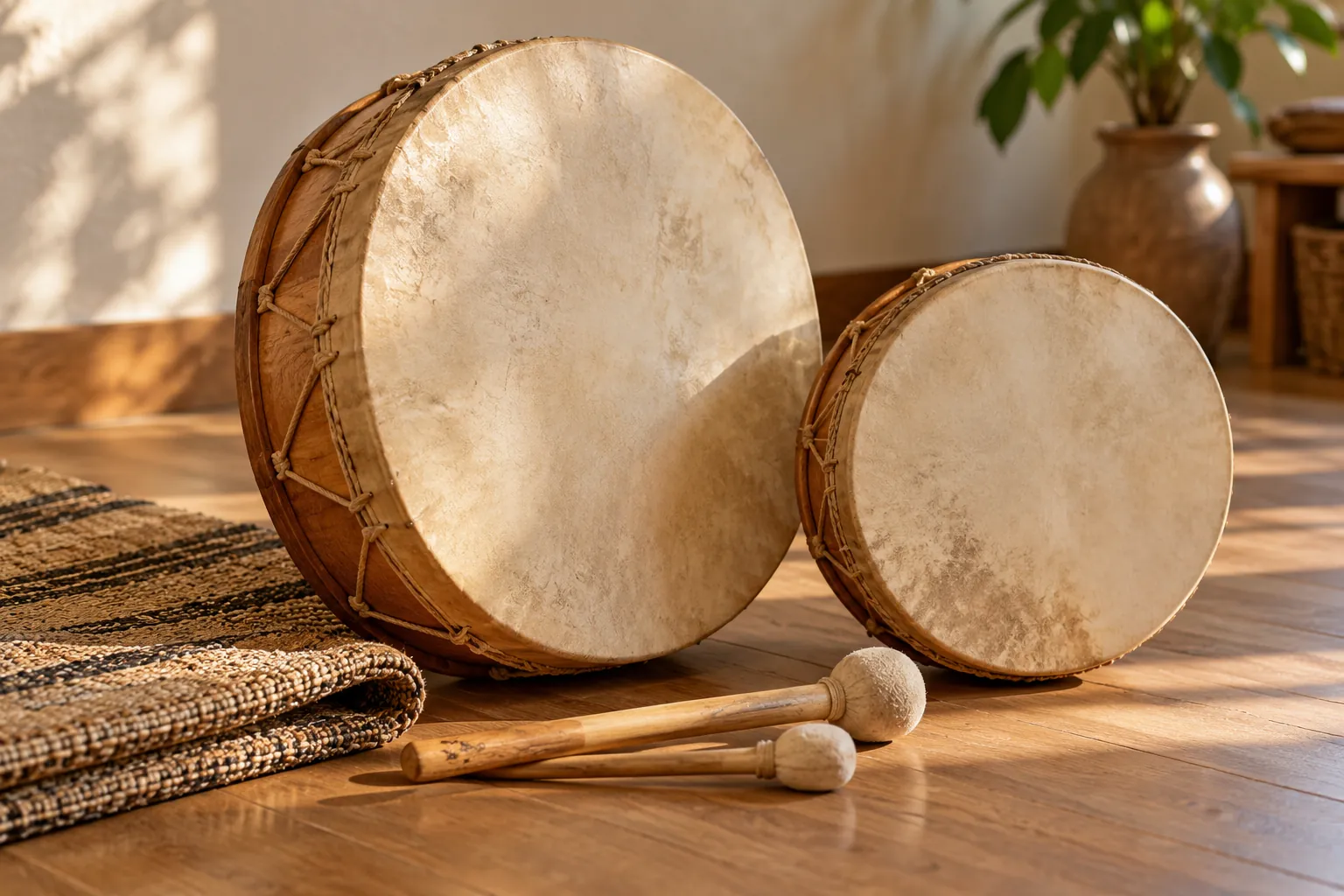 Illustration: Two hand drums and wooden beaters beside a folded mat.