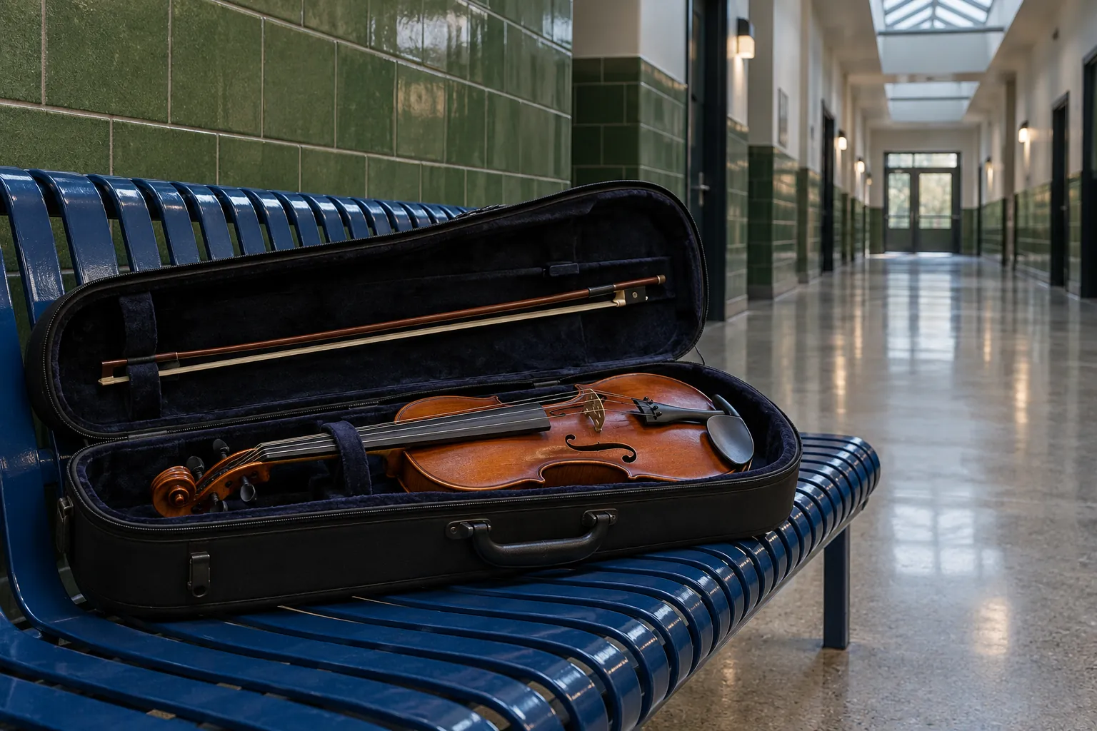 Illustration: A violin and bow in an open case on a blue rehearsal bench.