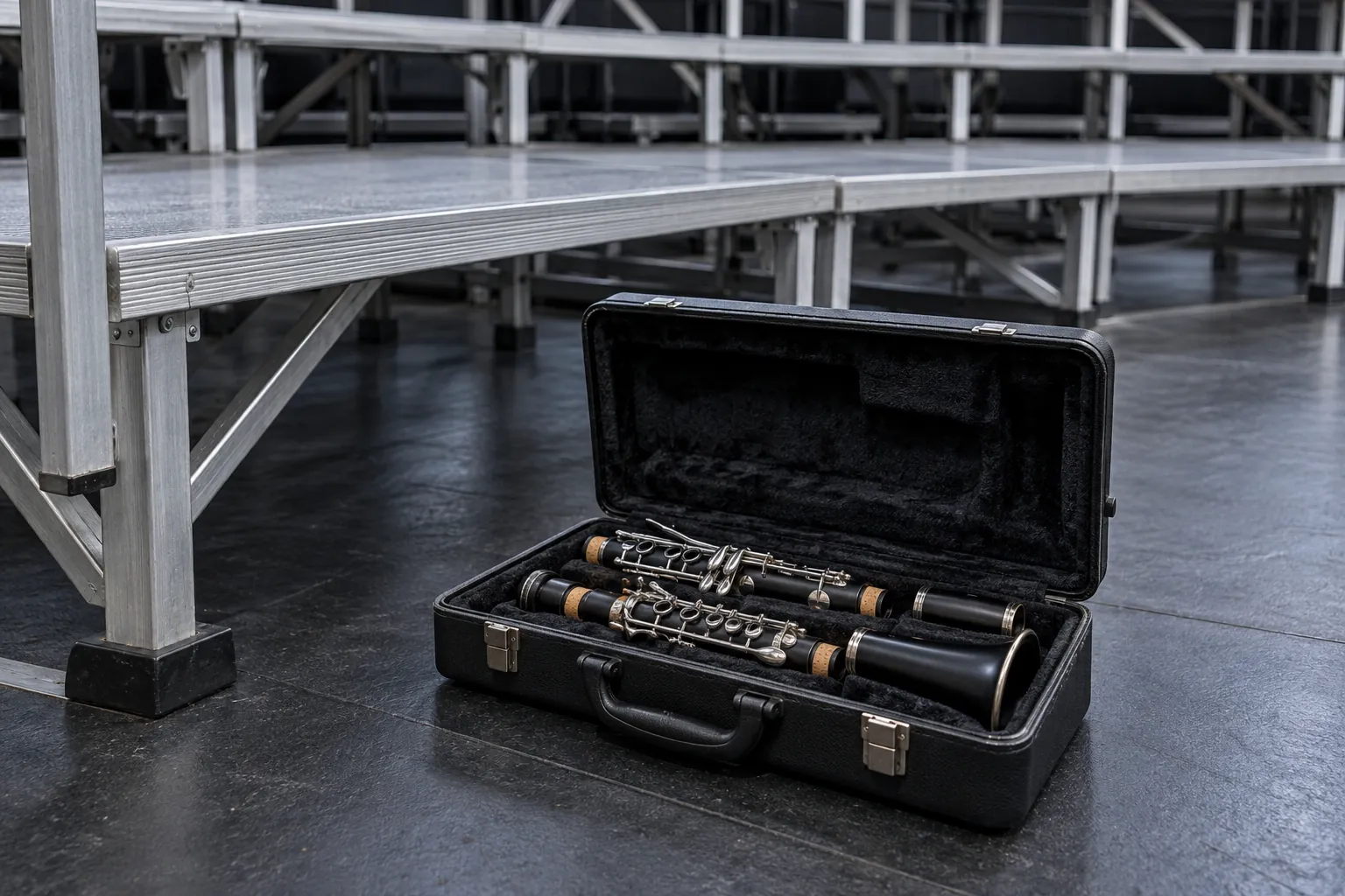 Illustration: Clarinet sections in a fitted case beneath aluminum risers.