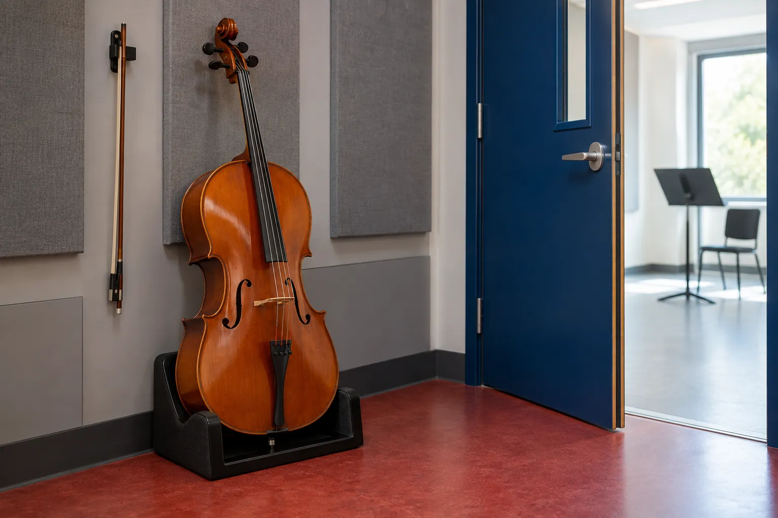 Illustration: A cello in a floor cradle beside a blue acoustic door.
