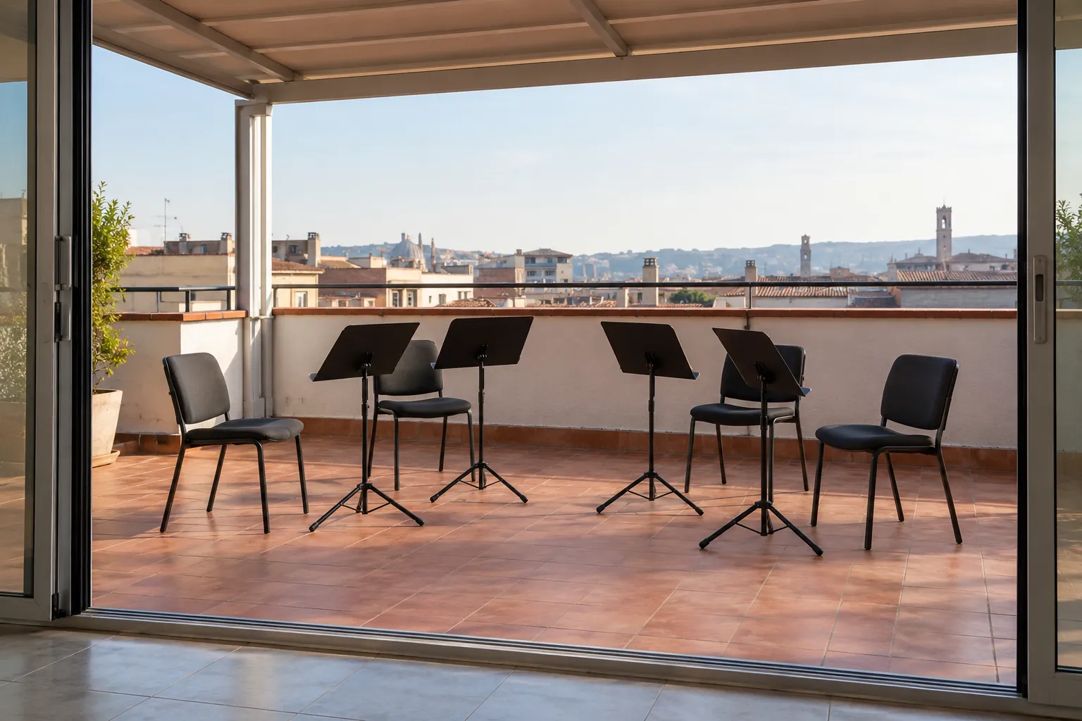 Illustration: Chairs and empty music stands on a red-tiled roof terrace.