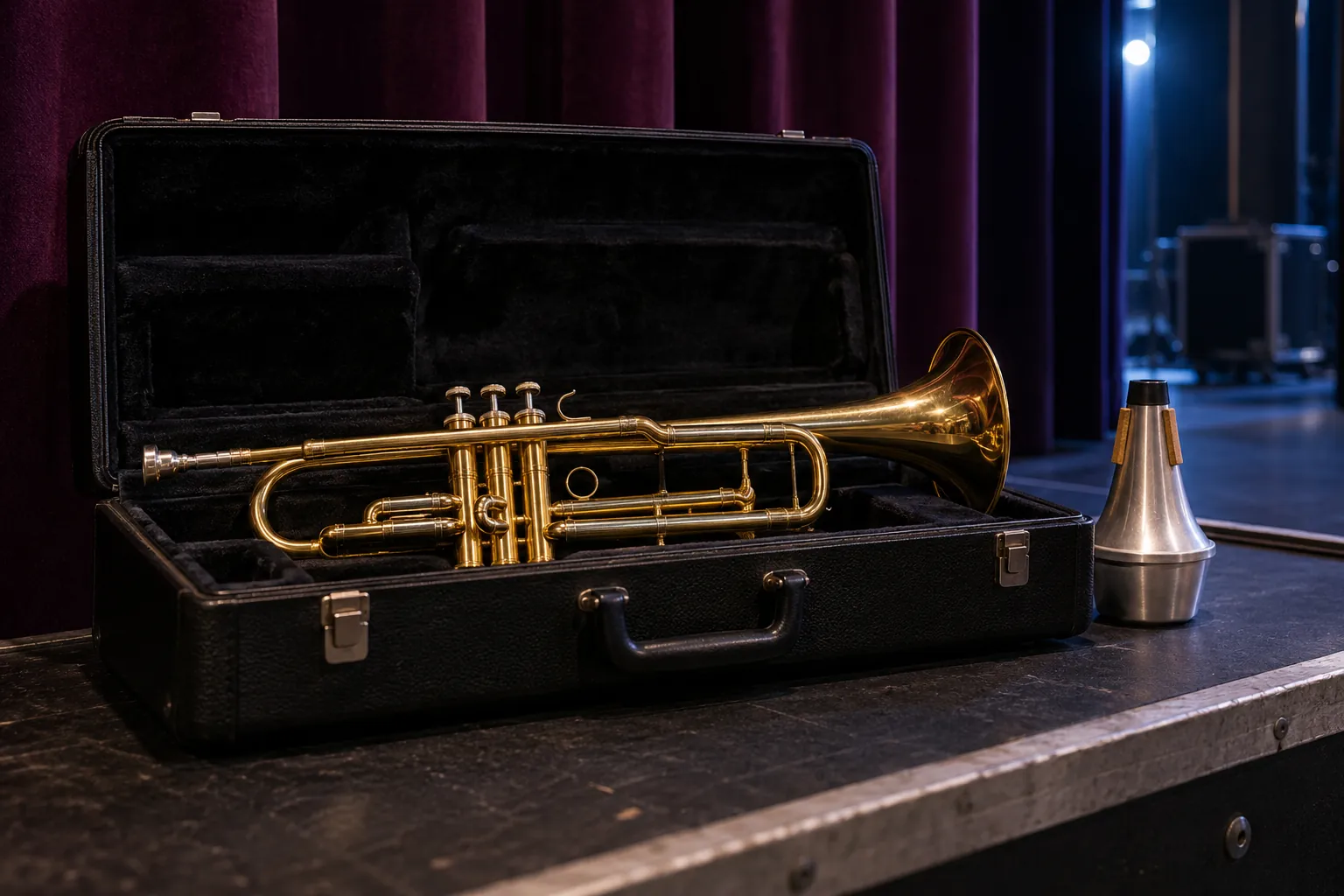 Illustration: A trumpet and mute waiting beside a plum stage curtain.