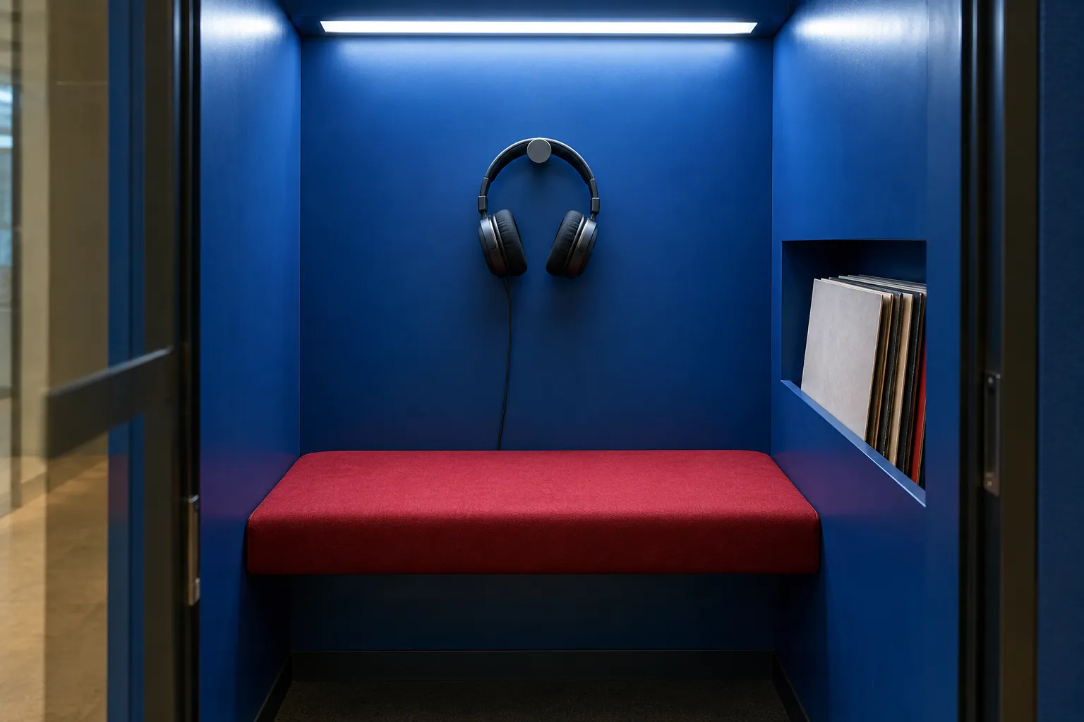 Illustration: Headphones and blank record sleeves in a blue listening booth.