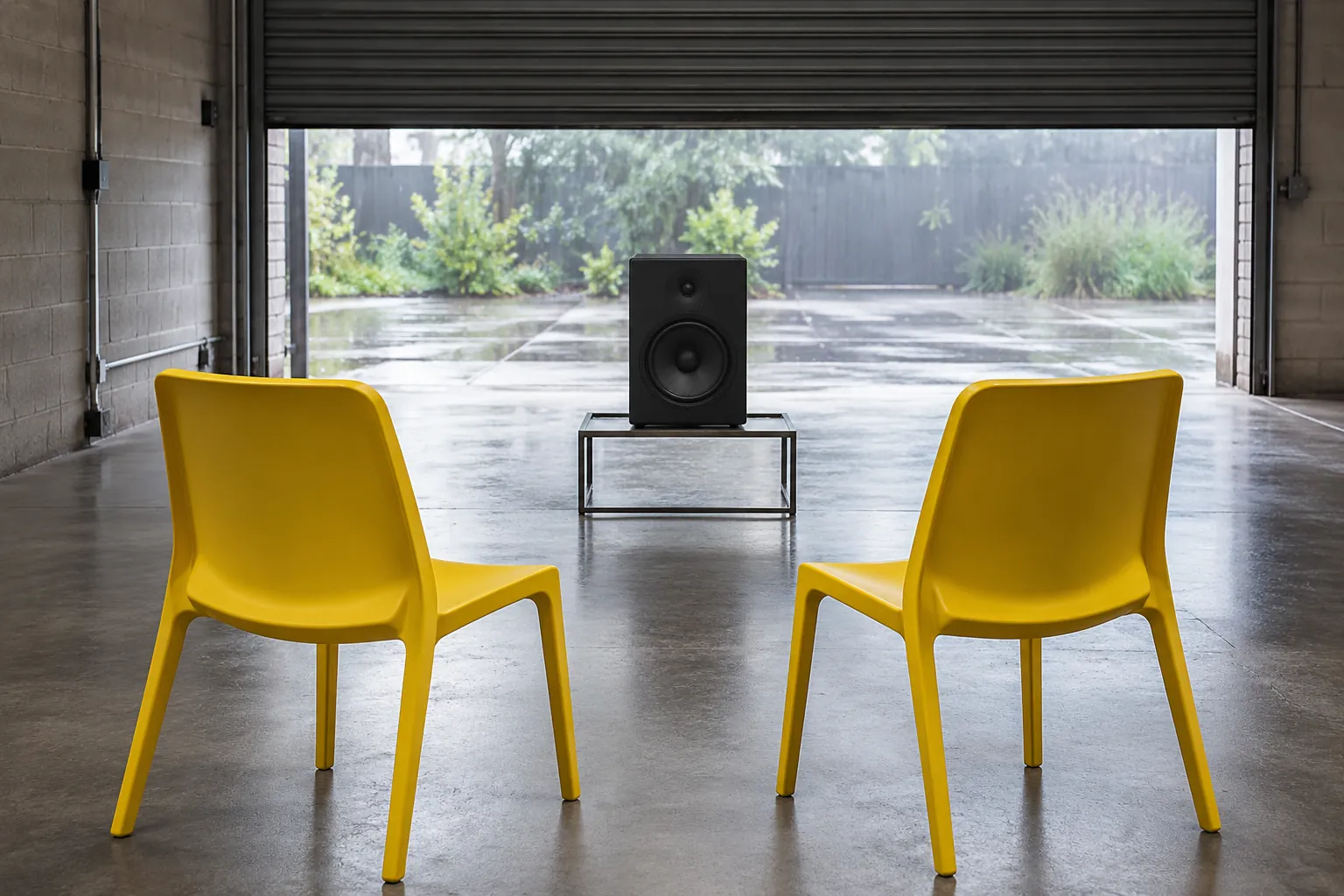 Illustration: Yellow chairs facing a speaker in a converted garage.