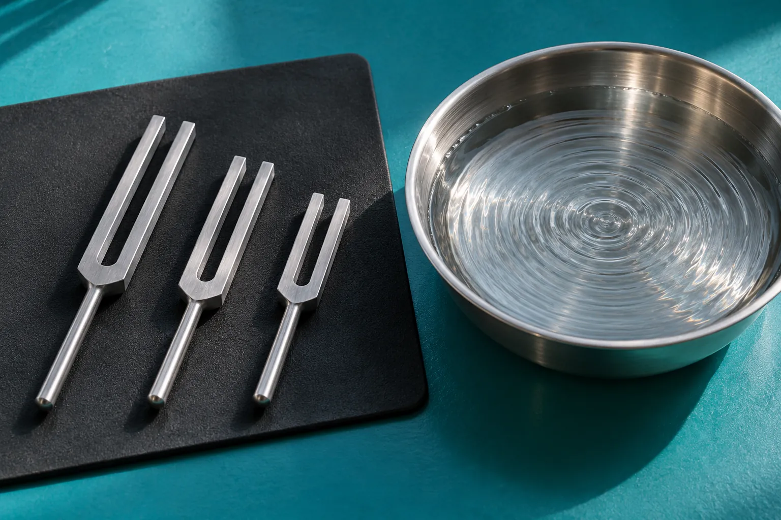 Illustration: Tuning forks and a rippling water bowl on a teal counter.
