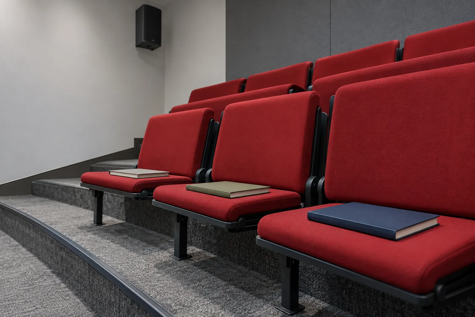 Illustration: Listening notebooks on red seats in a stepped room.