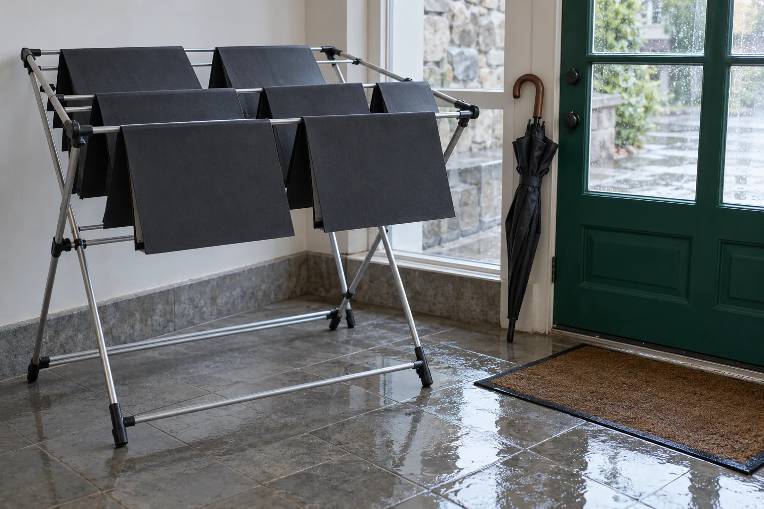 Illustration: Choir folders drying on an aluminum rack beside a green door.