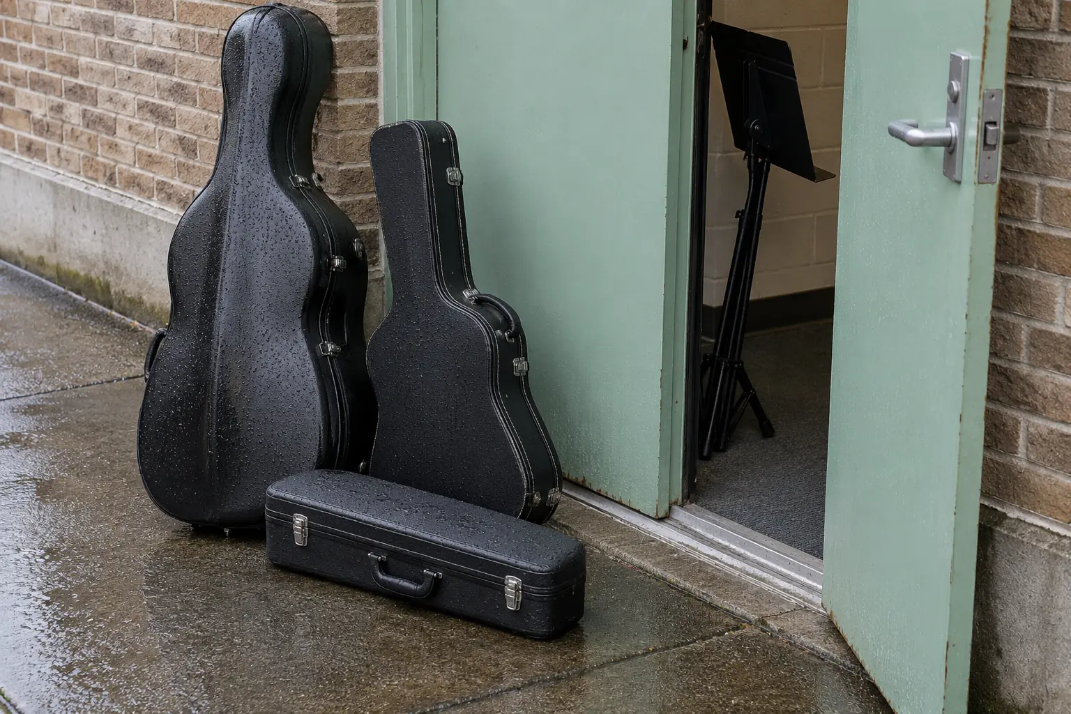 Illustration: Instrument cases and a folded music stand at a mint-green rehearsal entrance.
