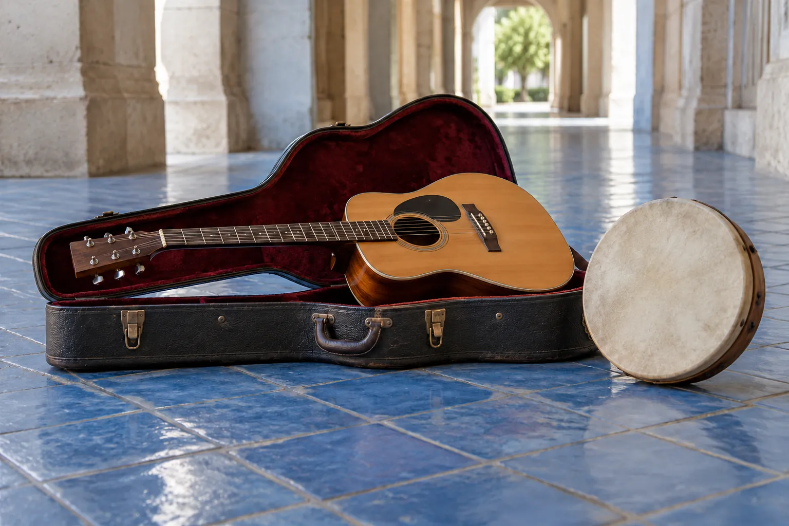 Illustration: An unbranded acoustic guitar in an open case and a small frame drum rest on a blue-tiled floor in a covered passage, seen low in diffuse daylight.