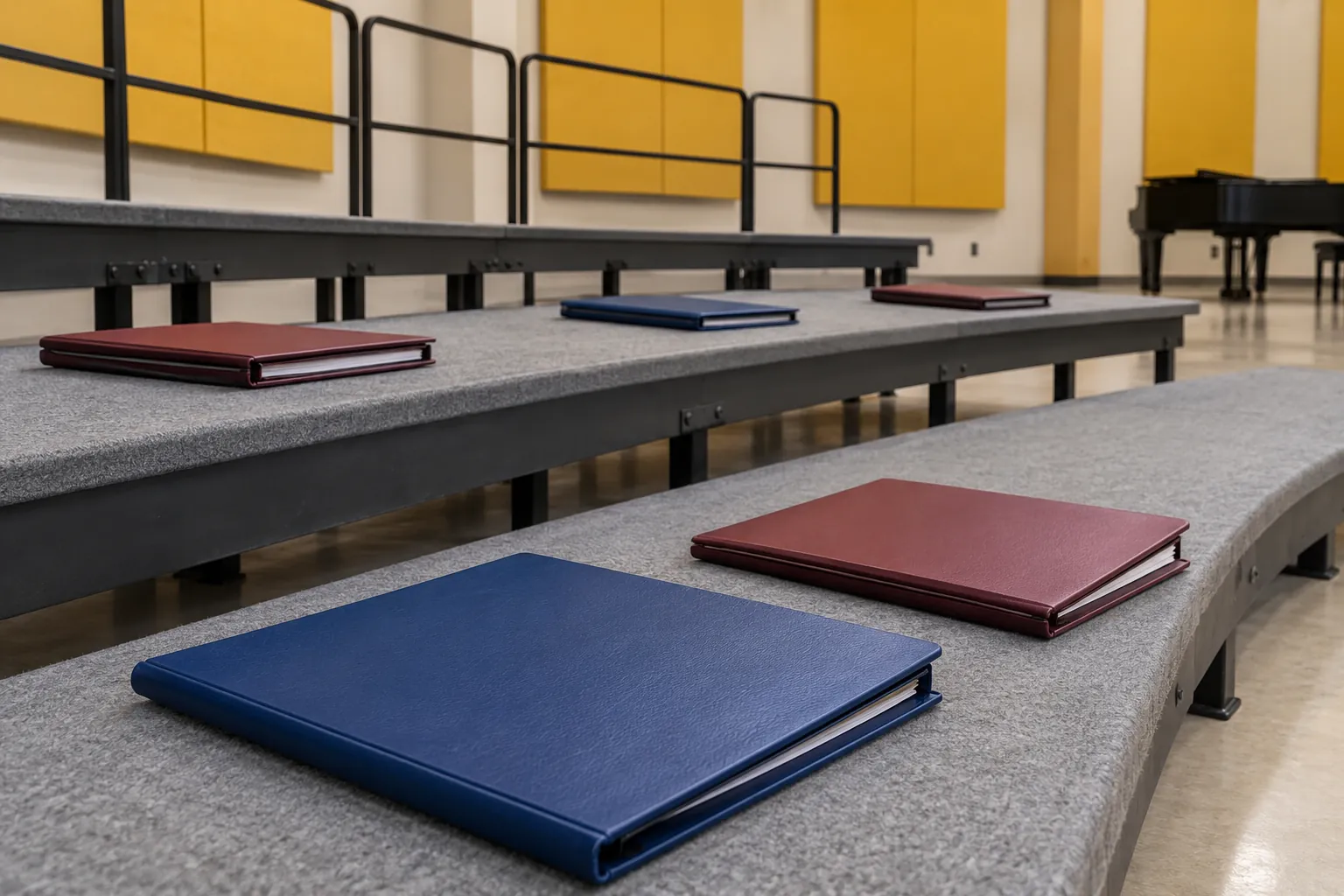 Illustration: Plain cobalt and burgundy choir folders lie closed across broad grey riser steps in an empty rehearsal room.