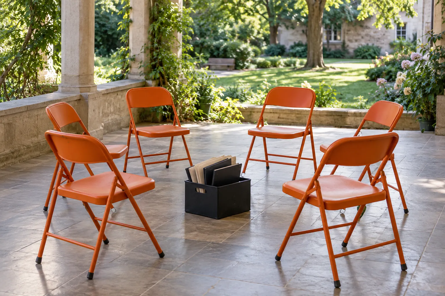 Illustration: Six empty orange folding chairs form a circle on a tiled veranda, plain music folders in a black crate.