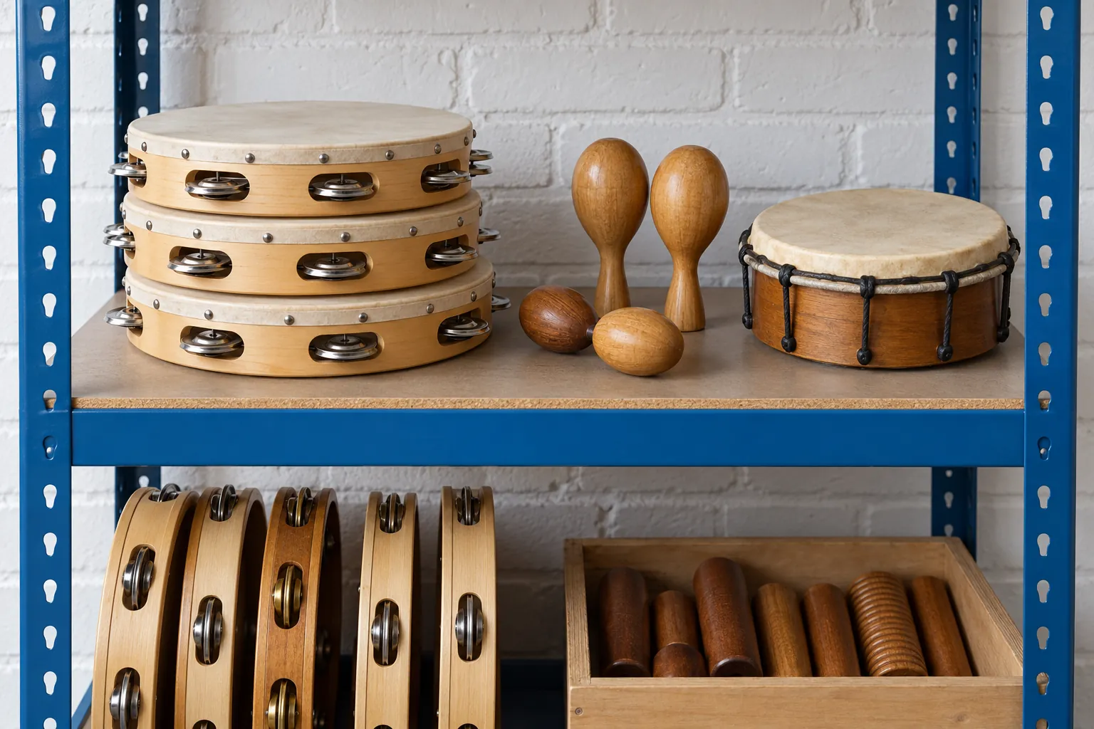 Illustration: Plain tambourines, wooden shakers and a small hand drum sit on a blue metal equipment rack against white brick.