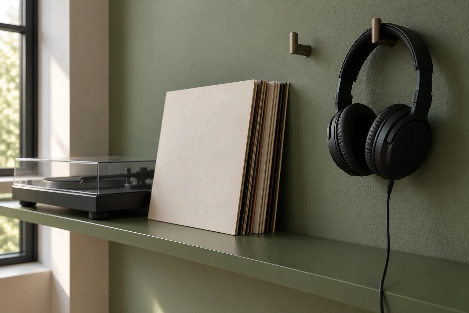 Illustration: Unbranded wired headphones hang on hooks above plain vinyl record sleeves and an inactive player on a slim green wall shelf.