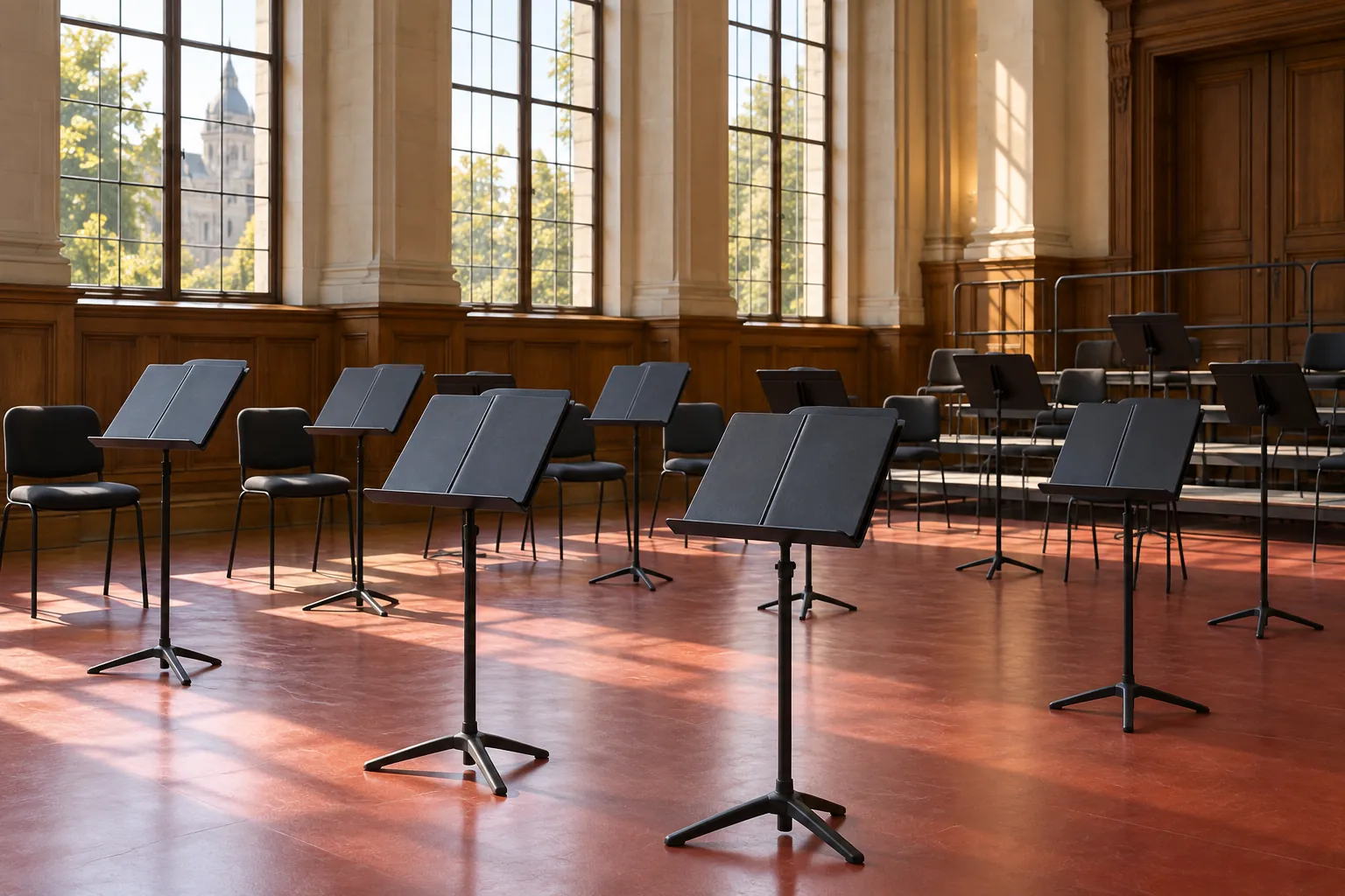 Illustration: Unmarked black music stands with plain closed folders arranged on a red floor beneath tall civic-hall windows.