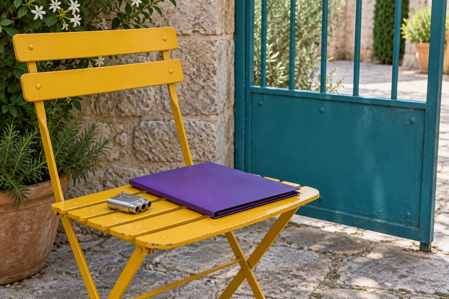 Illustration: A plain pitch pipe and closed purple folder rest on a yellow folding chair near a turquoise courtyard gate.
