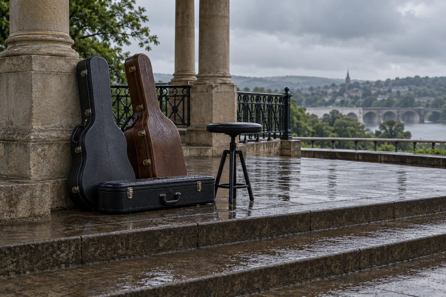 Illustration: Three different plain closed instrument cases beside an empty black stool on sheltered pavilion steps after rain.