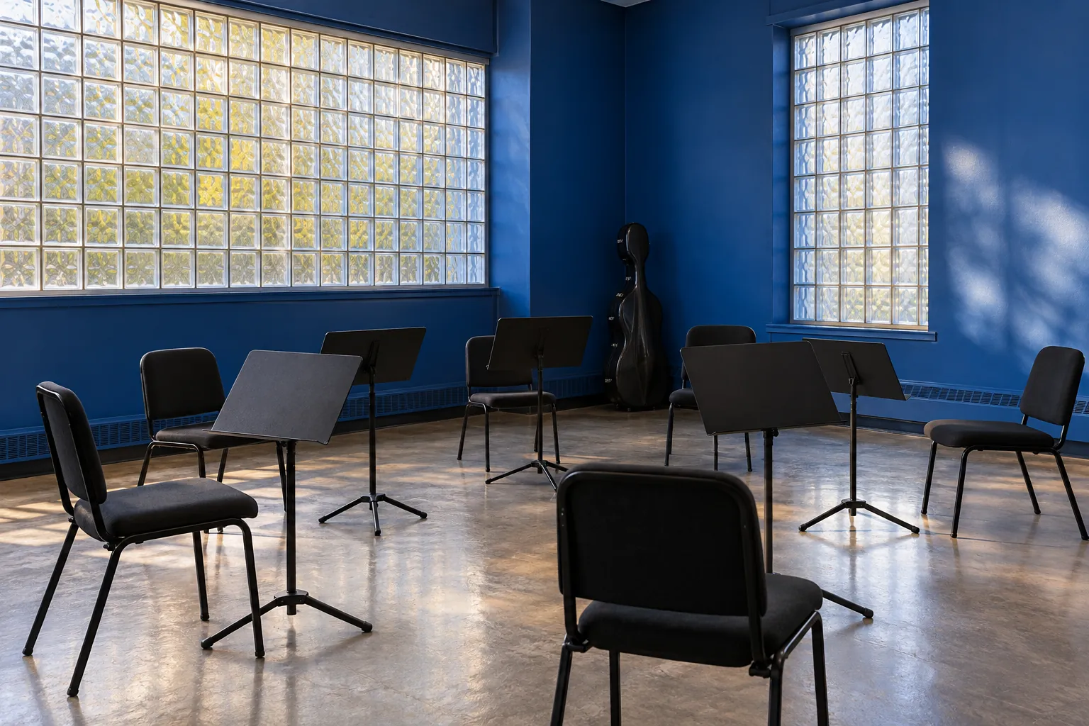 Illustration: Empty black chairs and plain music stands in a cobalt rehearsal room with glass-block windows, one closed cello case against the wall.
