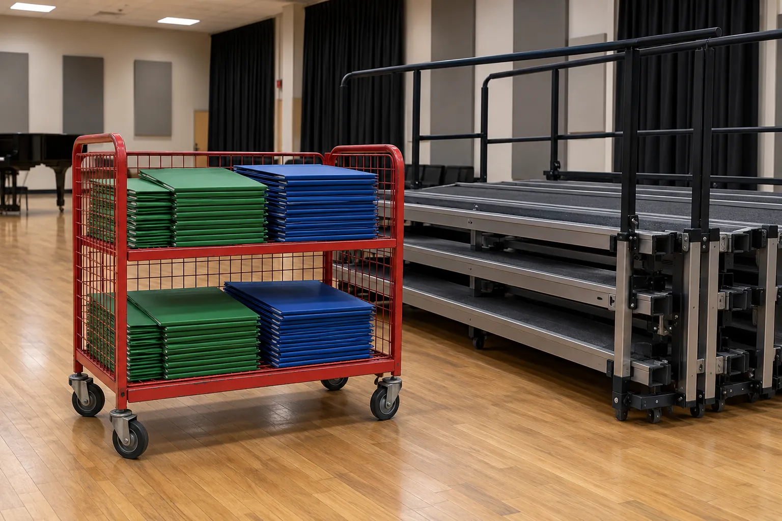 Illustration: A red wire trolley holds stacks of plain green and blue folders beside folded riser platforms in a rehearsal hall.