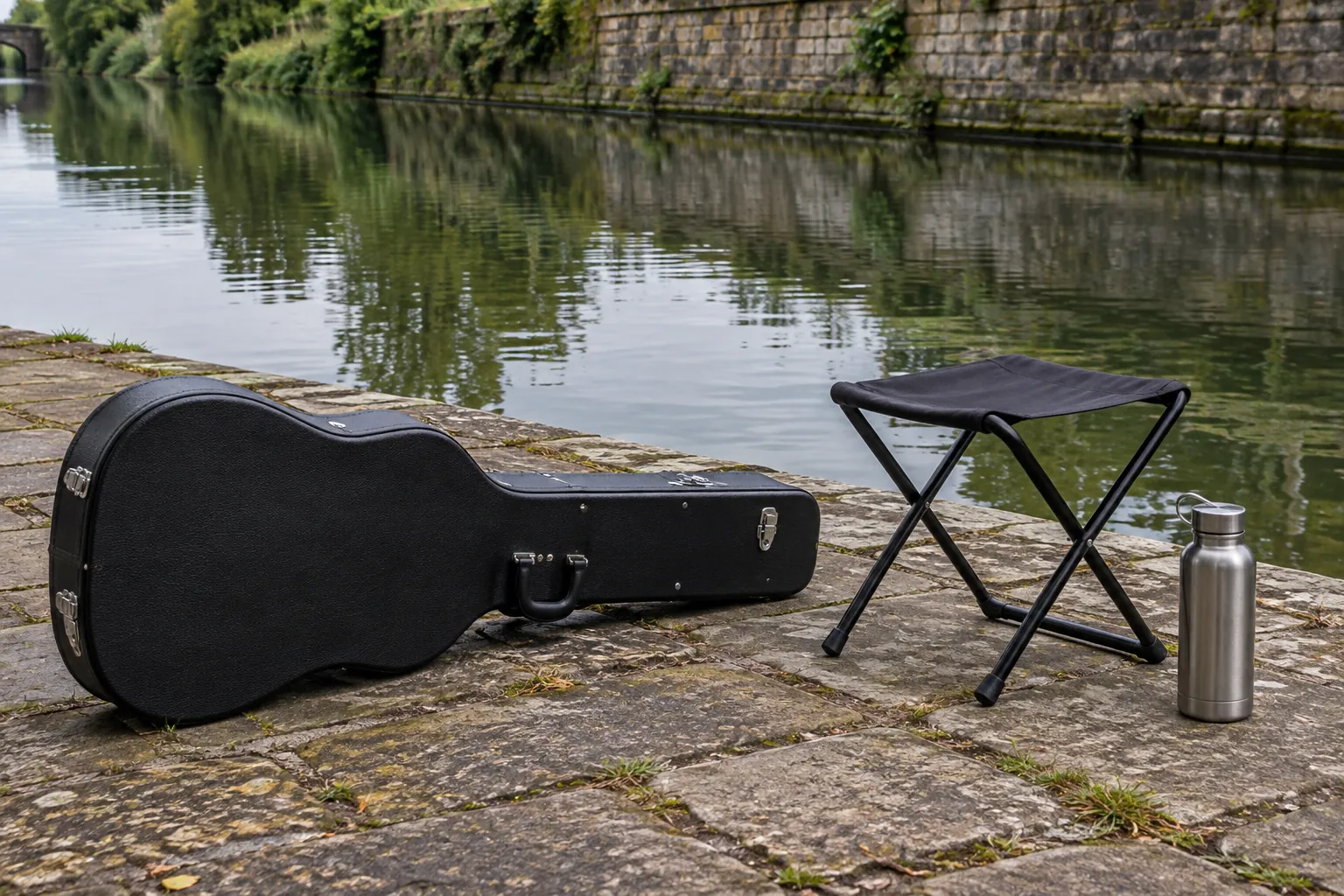 Illustration: An unbranded acoustic guitar in a protective case, folding stool and plain water flask on sheltered canal-side paving.