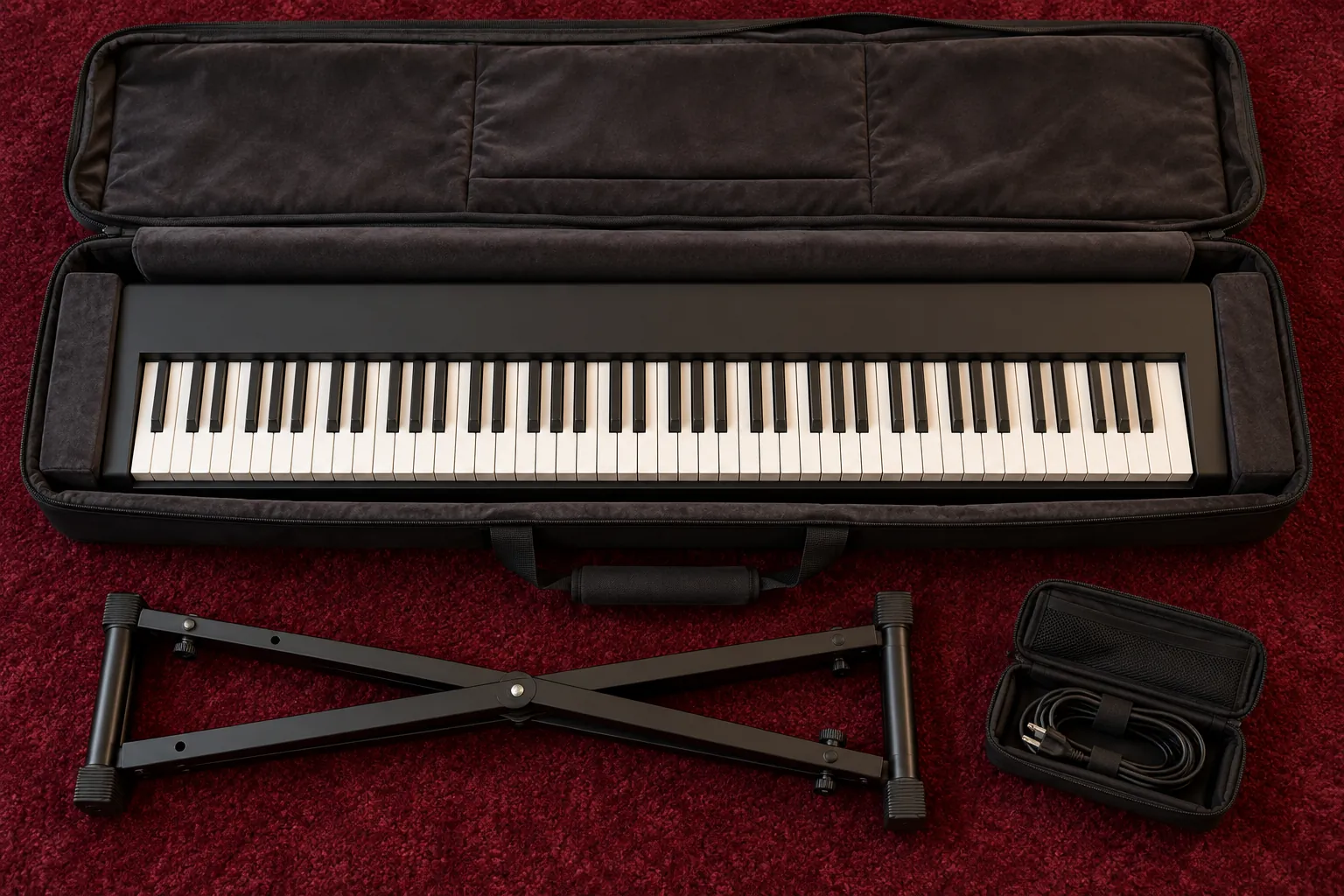 Illustration: A plain electronic keyboard with no control lettering lies in an open padded case beside a folded X stand and cable pouch.