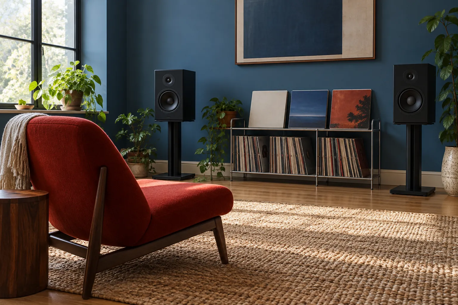 Illustration: An empty red lounge chair faces two plain black speakers in a modest blue-walled room, unlettered records on a low metal rack.