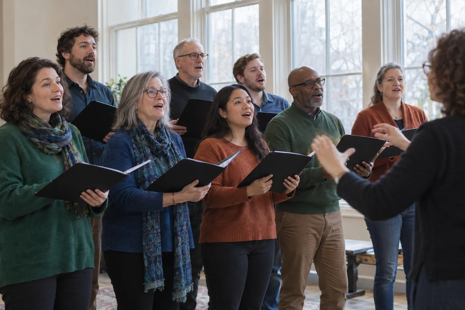 Illustration: Eight adults of varied ages sing in two loose rows beside tall frosted windows, looking toward an adult conductor at the edge of the frame.