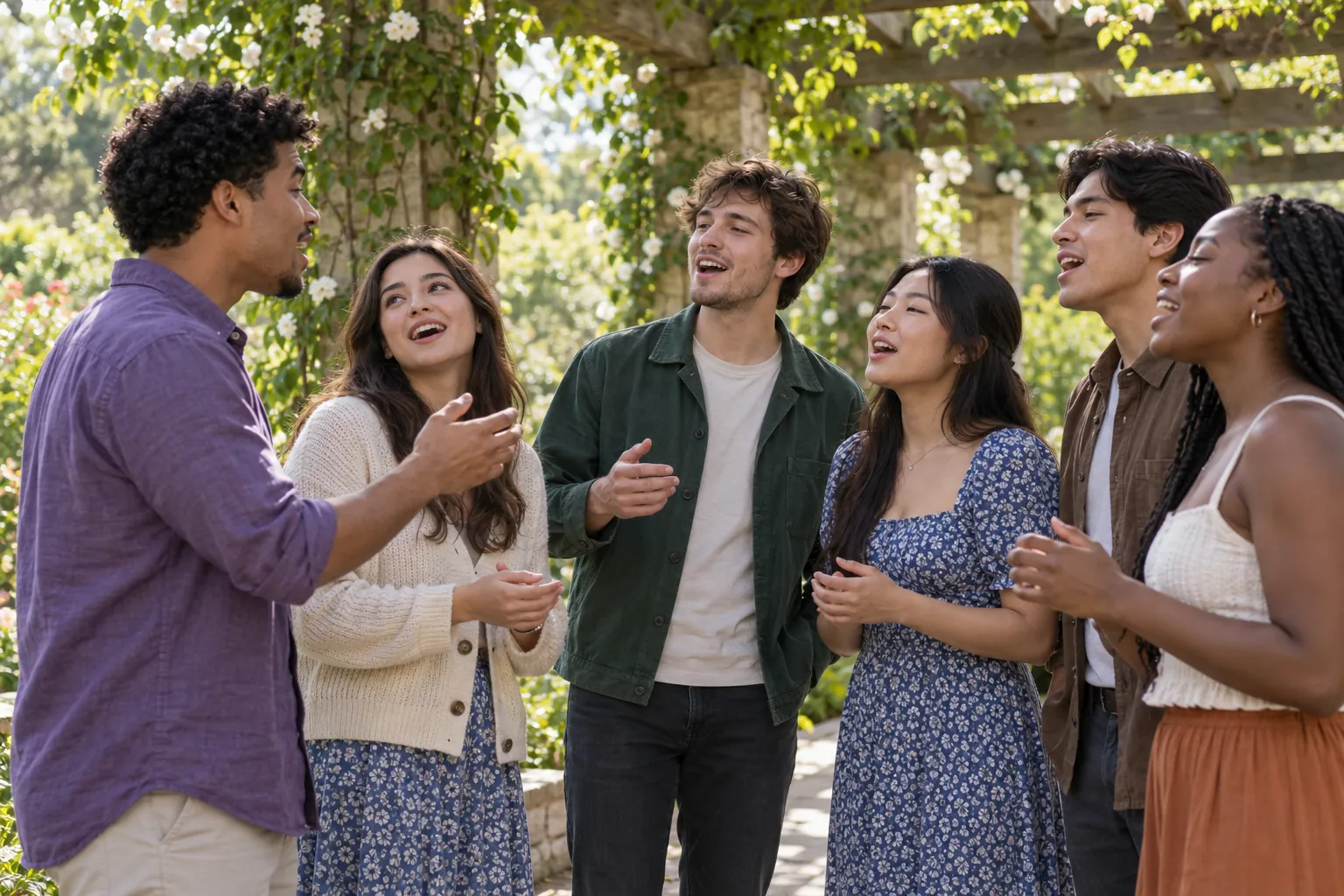 Illustration: Six young adults sing together in a loose semicircle under a garden pergola.