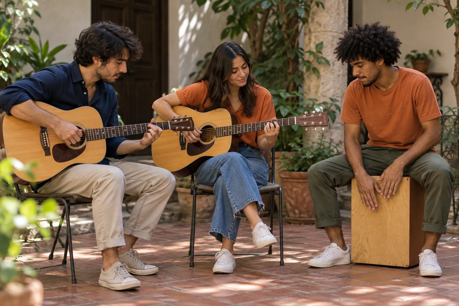 Illustration: Three young adults play two acoustic guitars and a cajon in a shaded courtyard.