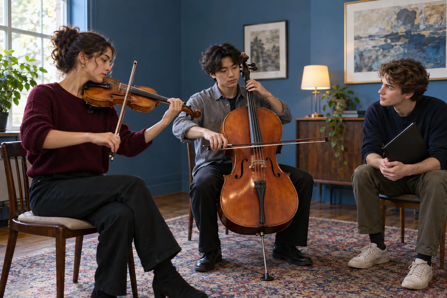 Illustration: A young violinist and cellist rehearse while a peer listens in a blue room.