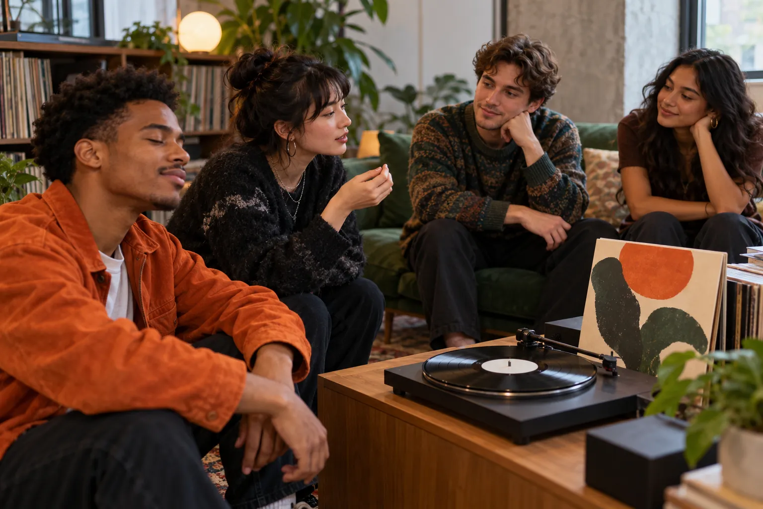 Illustration: Young adults listen to music together beside a turntable.