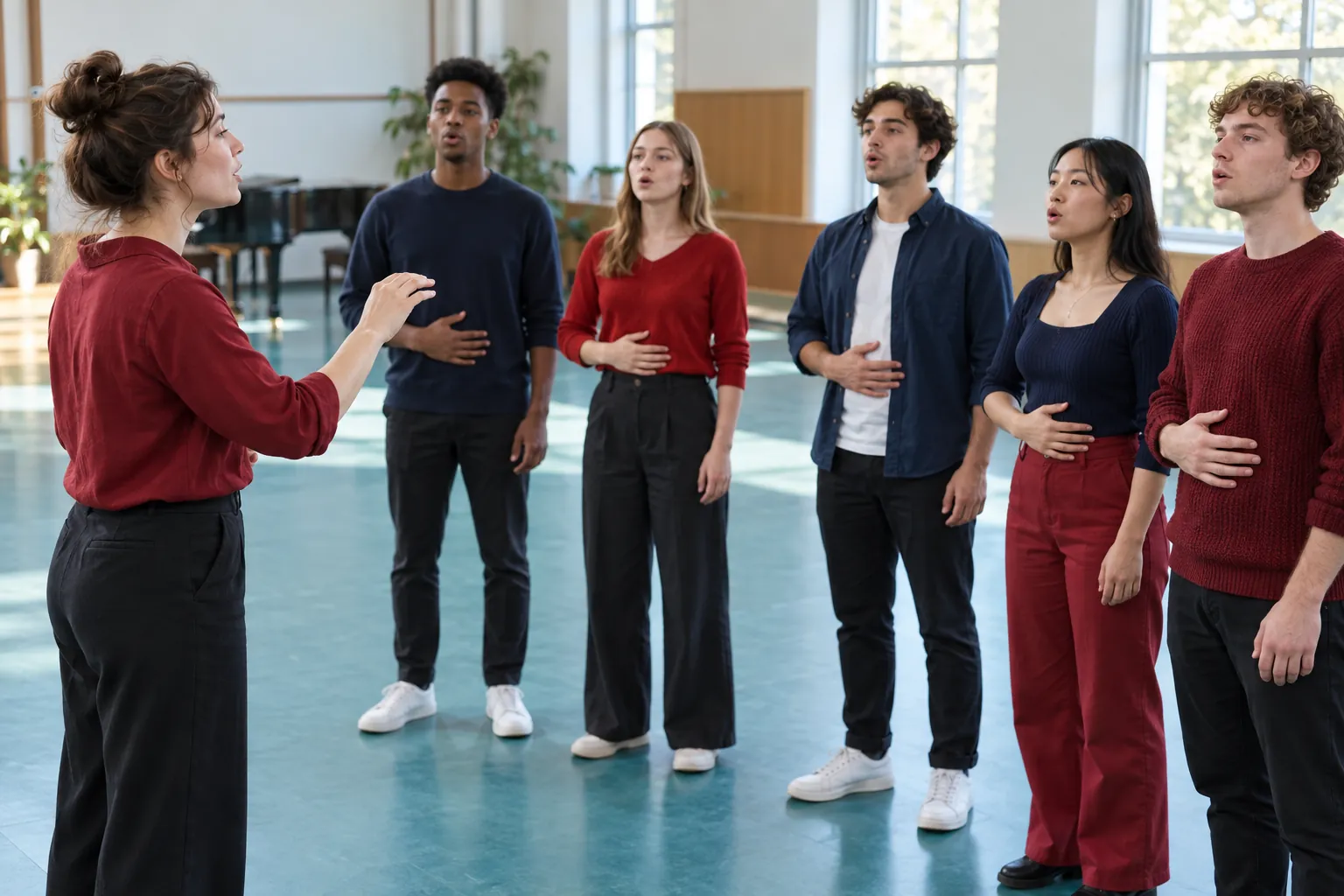 Illustration: A young conductor leads young adult singers through a breathing warmup.