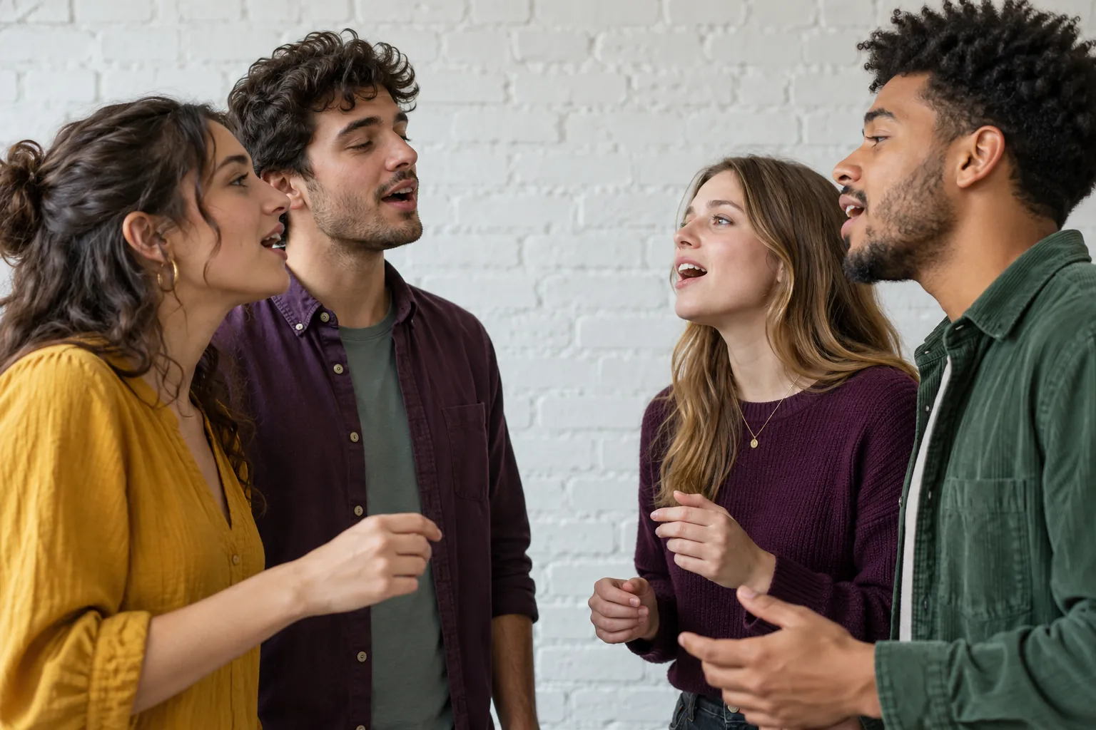 Illustration: Young adults rehearse harmony together in pairs.