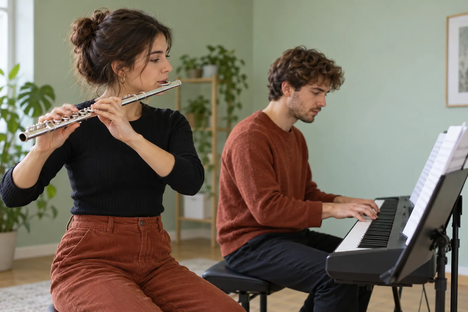 Illustration: Two young adults rehearsing with a keyboard and flute.