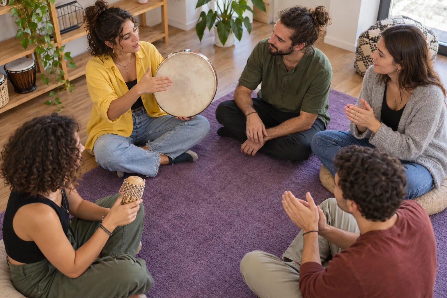 Illustration: Five young adults exploring rhythm with small percussion instruments.