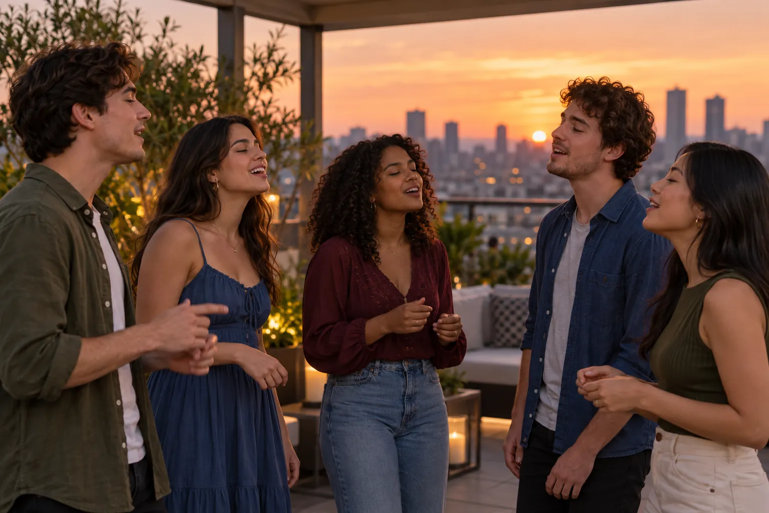 Illustration: Five young adults singing together on a rooftop terrace at sunset.