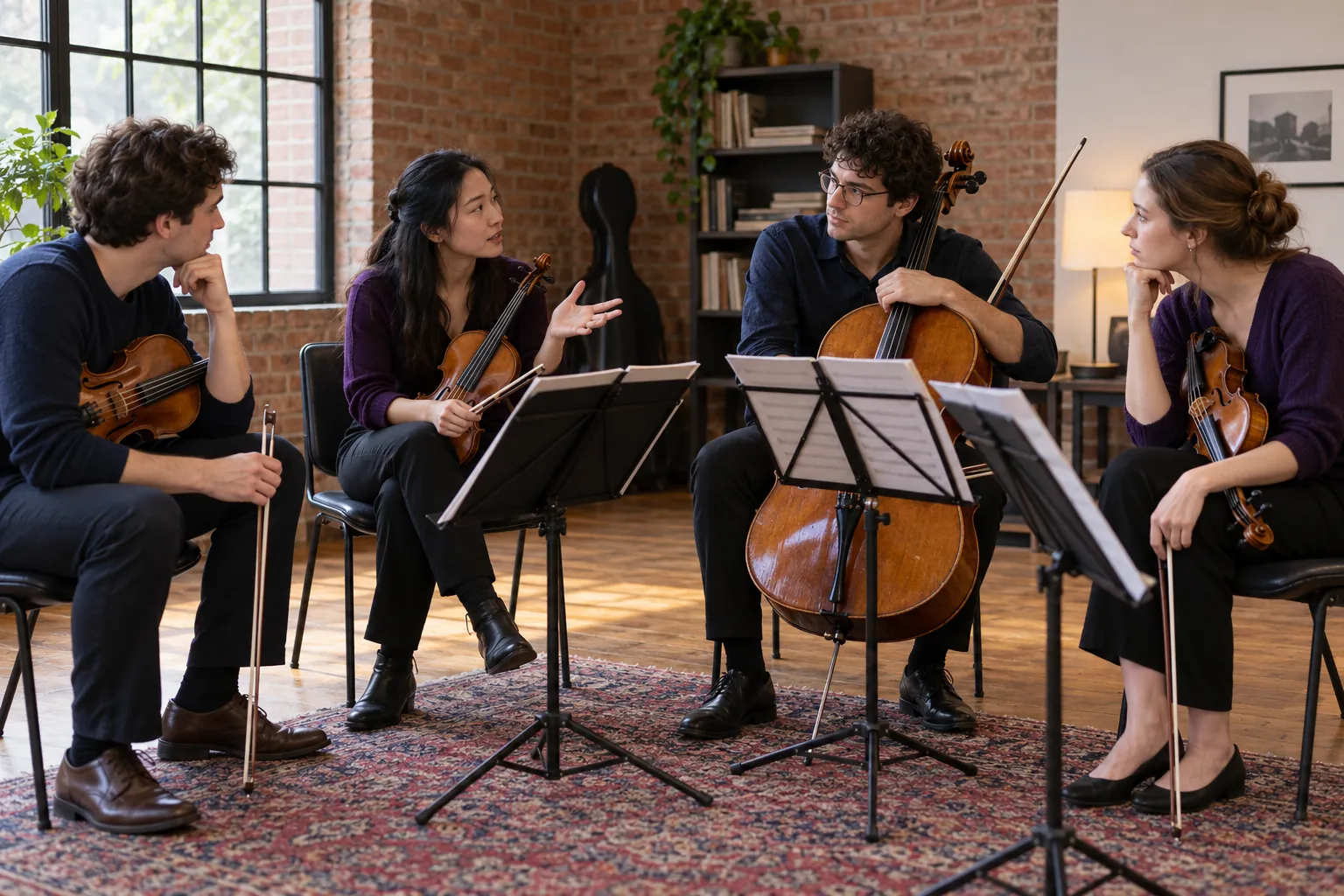 Illustration: Young adult string players pause rehearsal to discuss a passage.