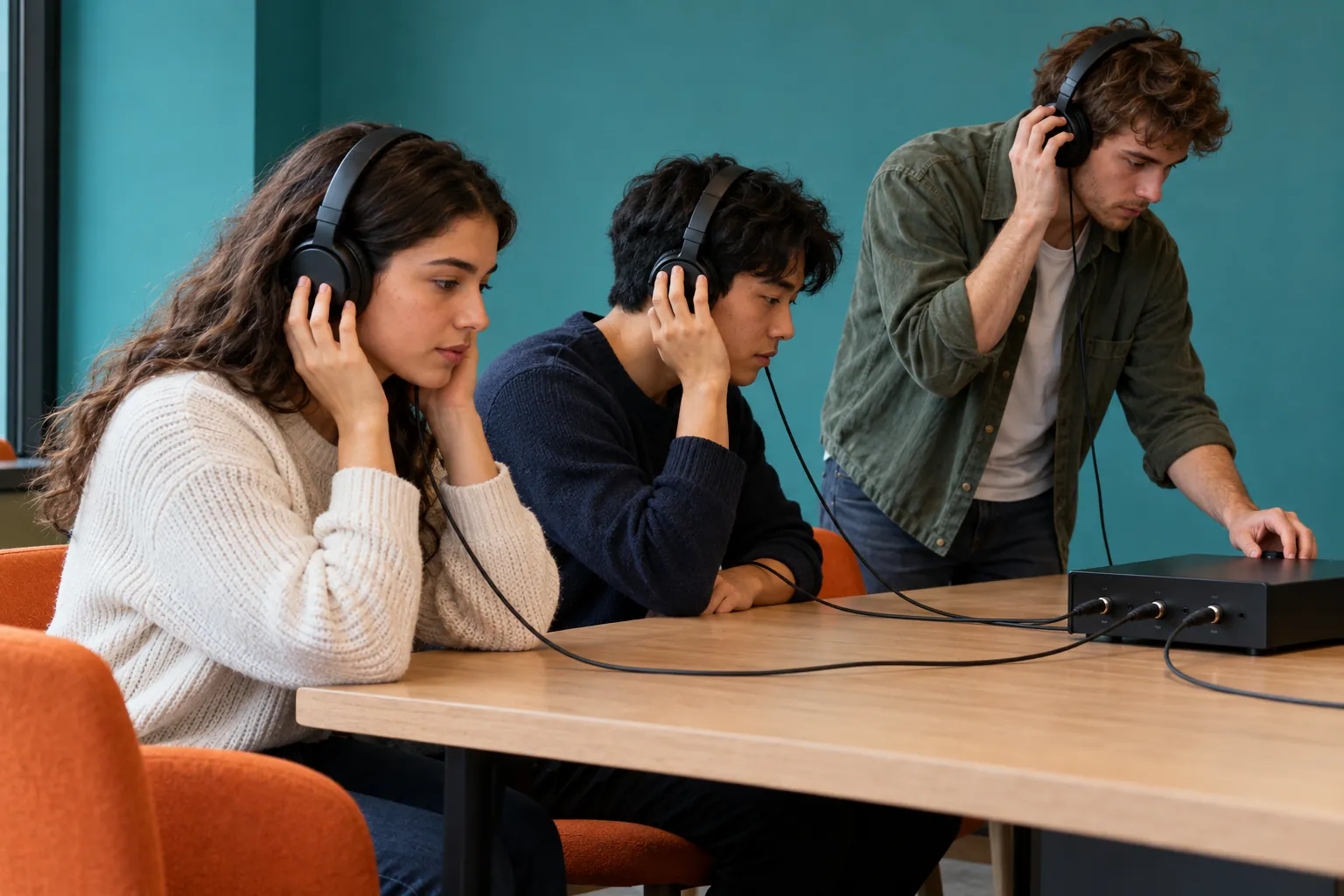 Young adults compare a short listening passage at an audio station.