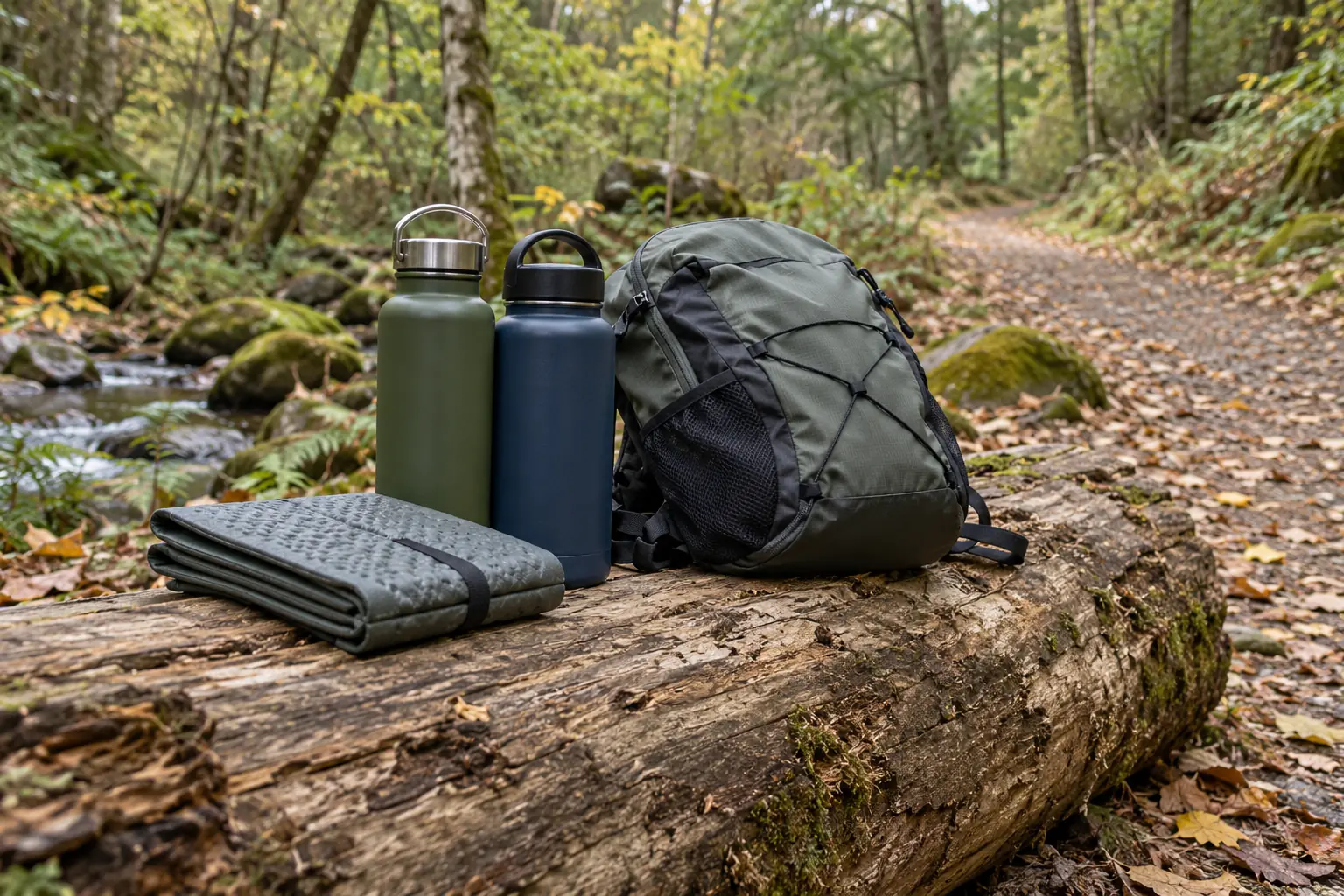 Illustration: Water bottles, a seat pad and a day bag beside a woodland path.