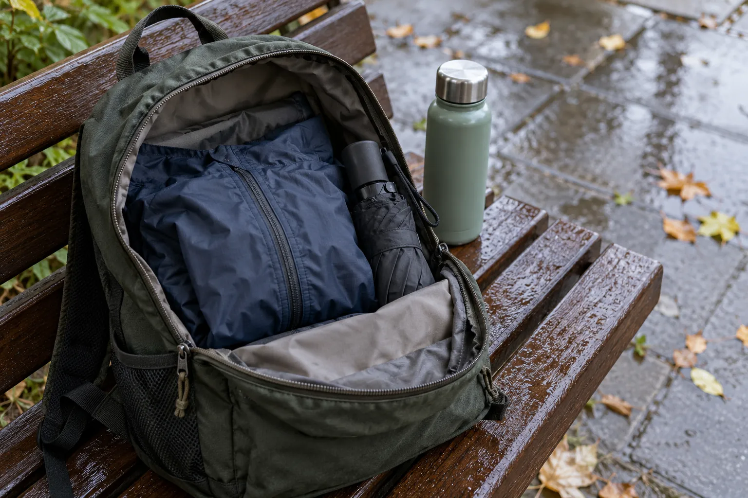 Illustration: A daypack with a rain jacket and umbrella beside a water bottle on a sheltered bench.