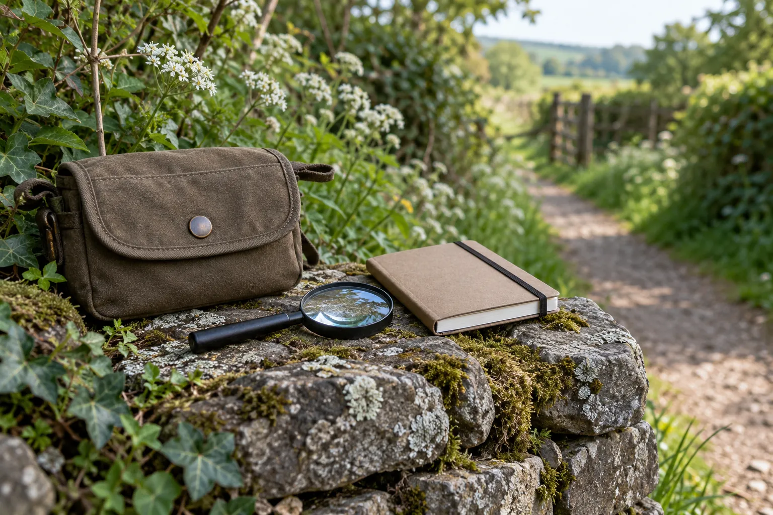 Illustration: A field pouch, magnifier and closed notebook beside a hedgerow path.