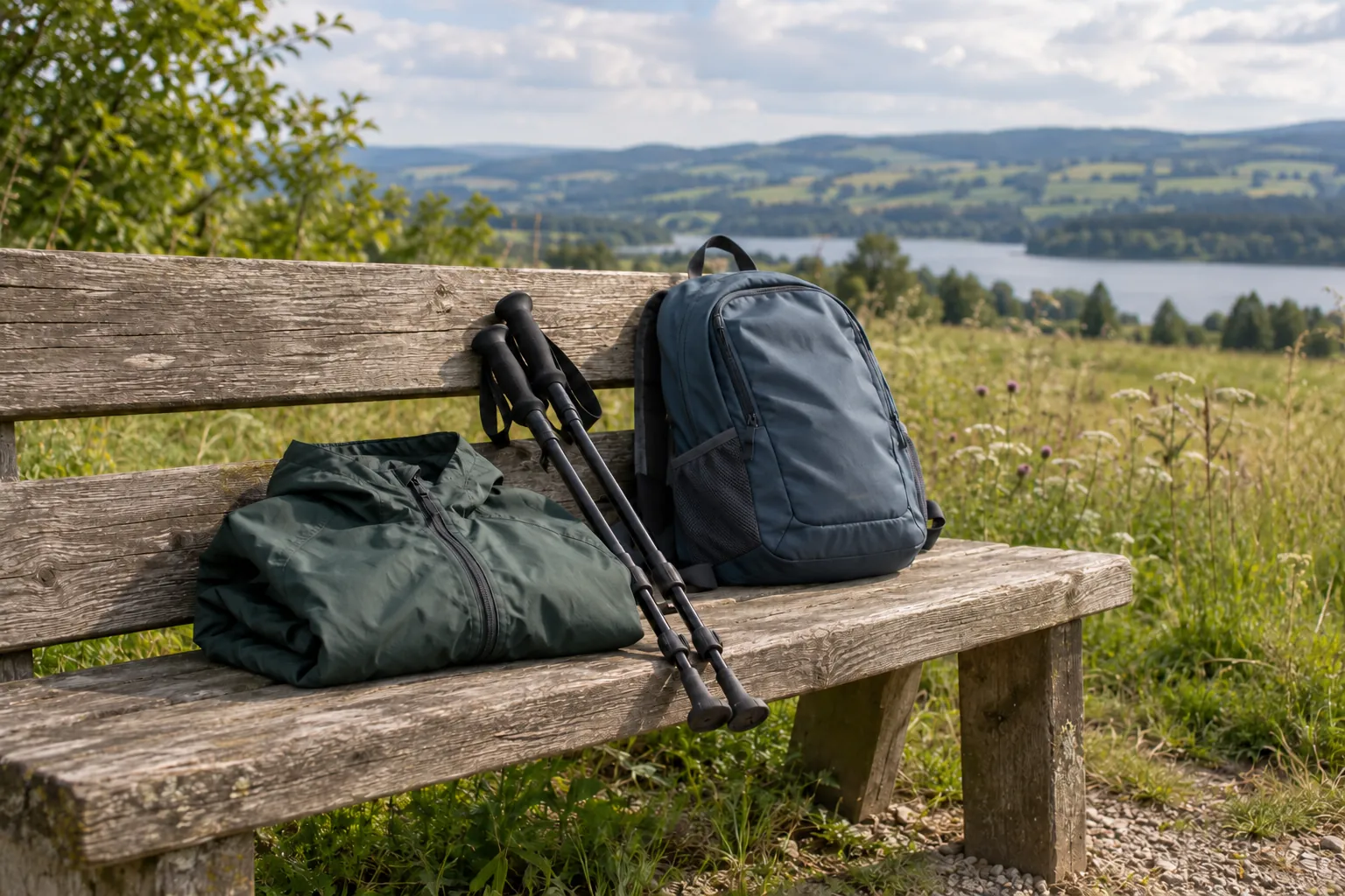 Illustration: A jacket, compact walking poles and daypack on a meadow-edge bench.