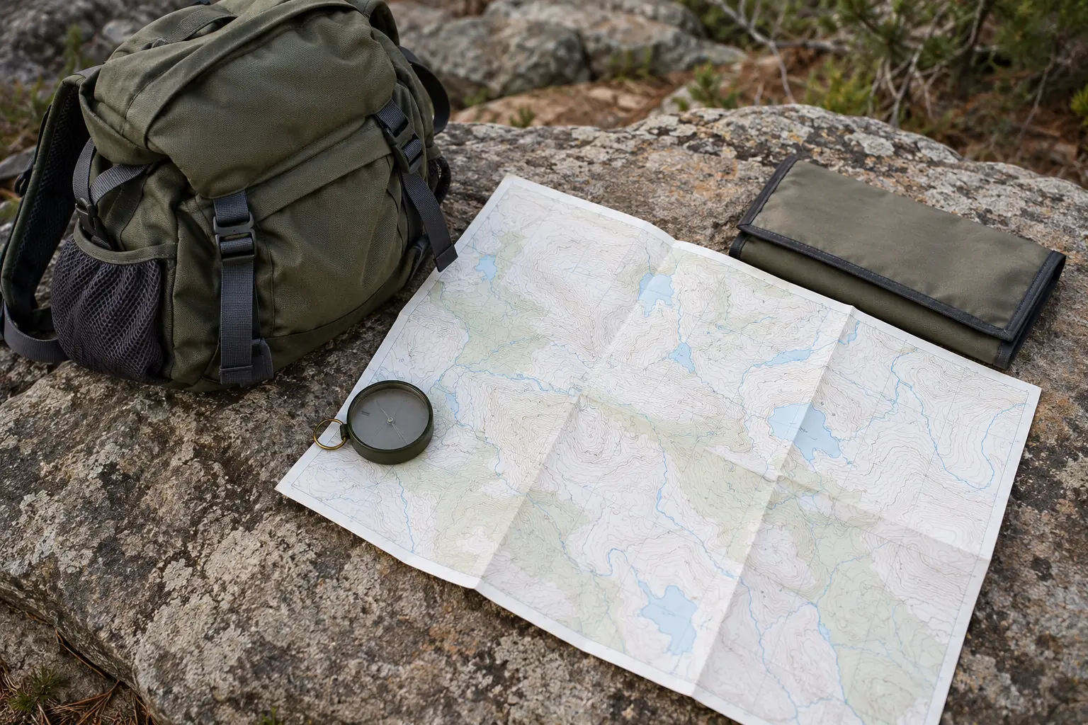 Illustration: A contour map, compass and map pouch on a flat rock beside a daypack.