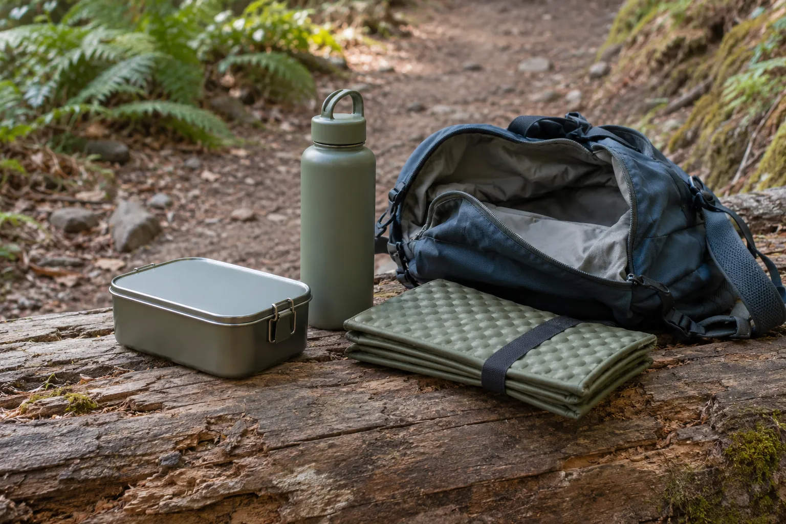 Illustration: A food tin, water bottle and sit pad beside a daypack on a trail-side log.