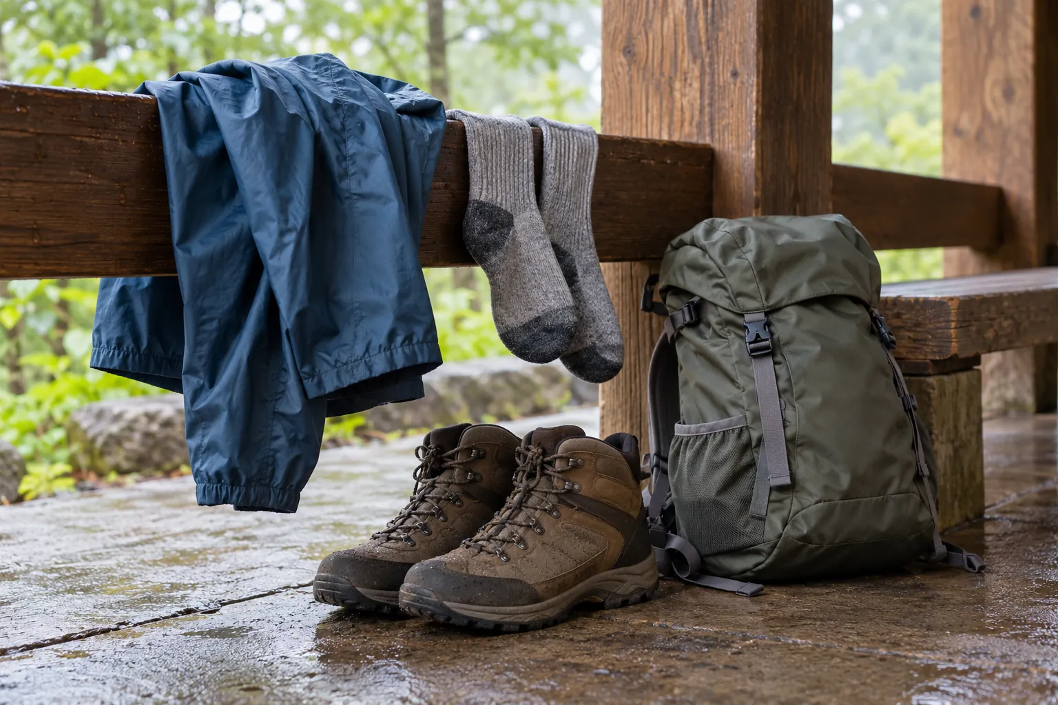 Illustration: A jacket and hiking socks drying above boots and a daypack at a shelter.