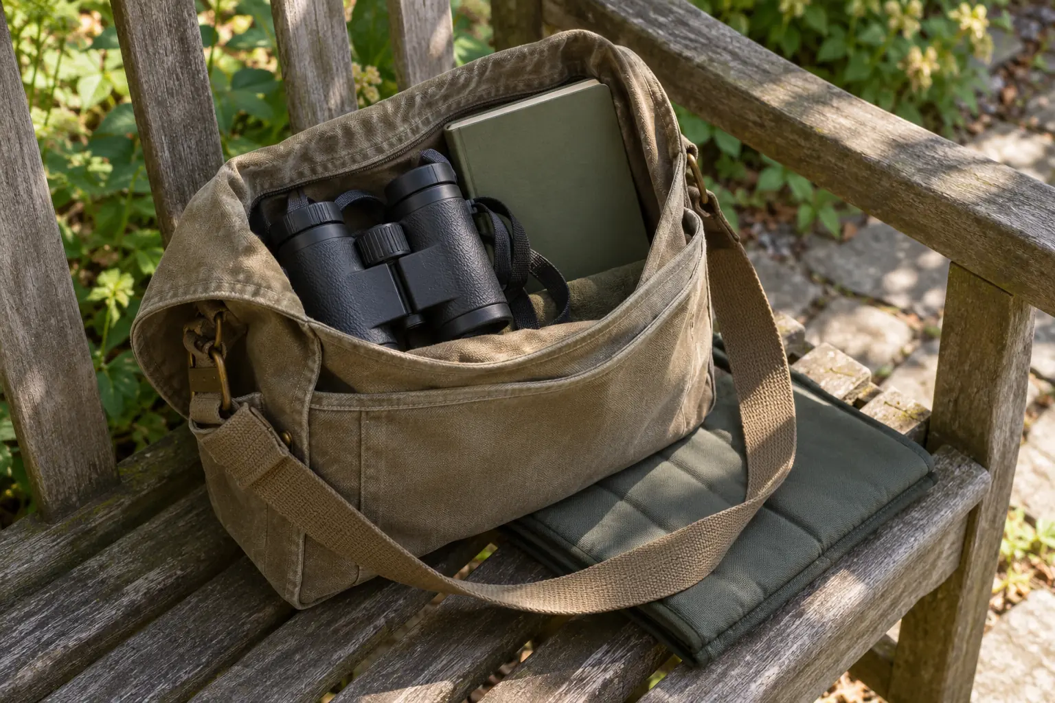 Illustration: A canvas satchel with binoculars, a notebook and compact seat pad on a bench.