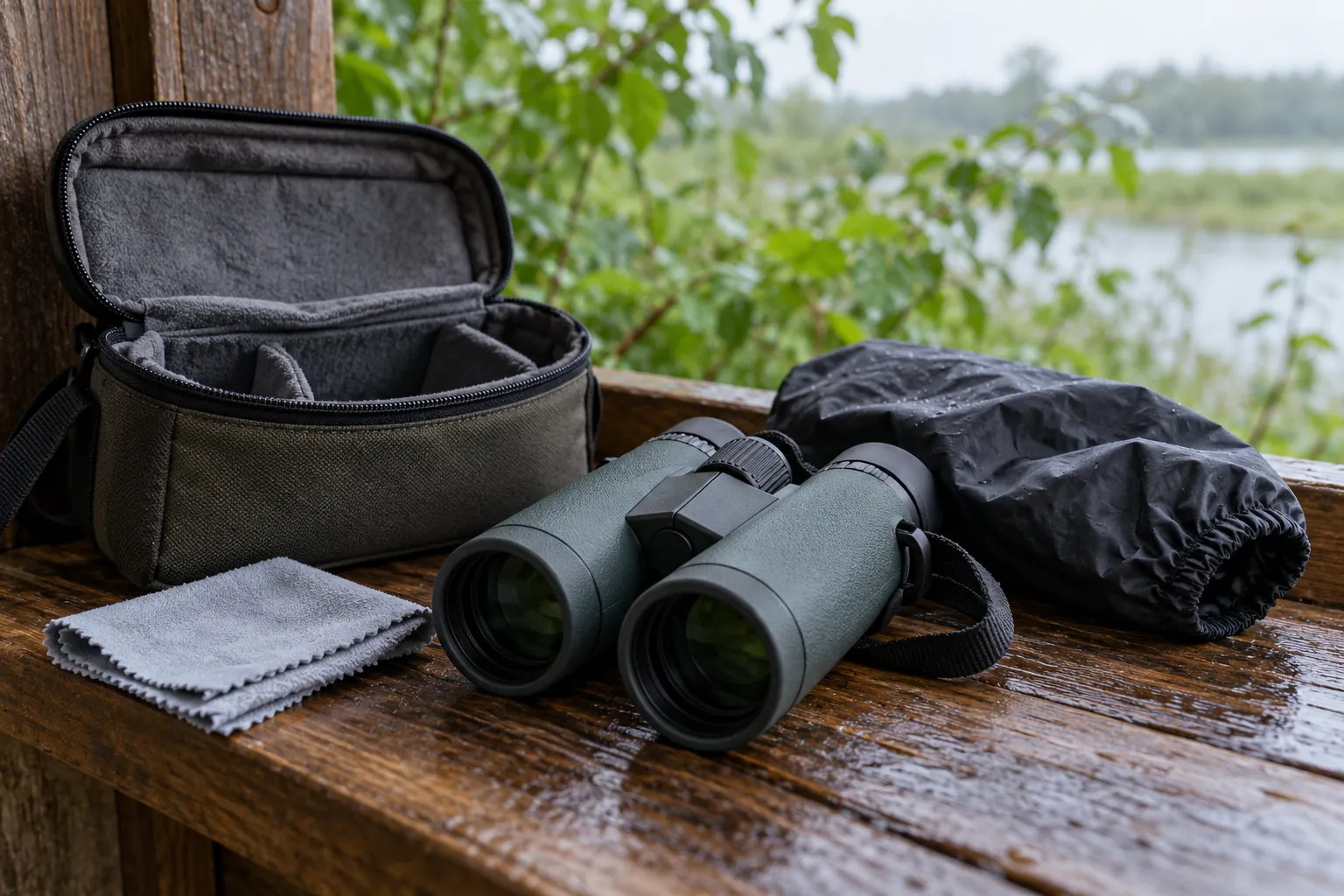 Illustration: Binoculars, a lens cloth and rain cover beside an open case on a sheltered ledge.