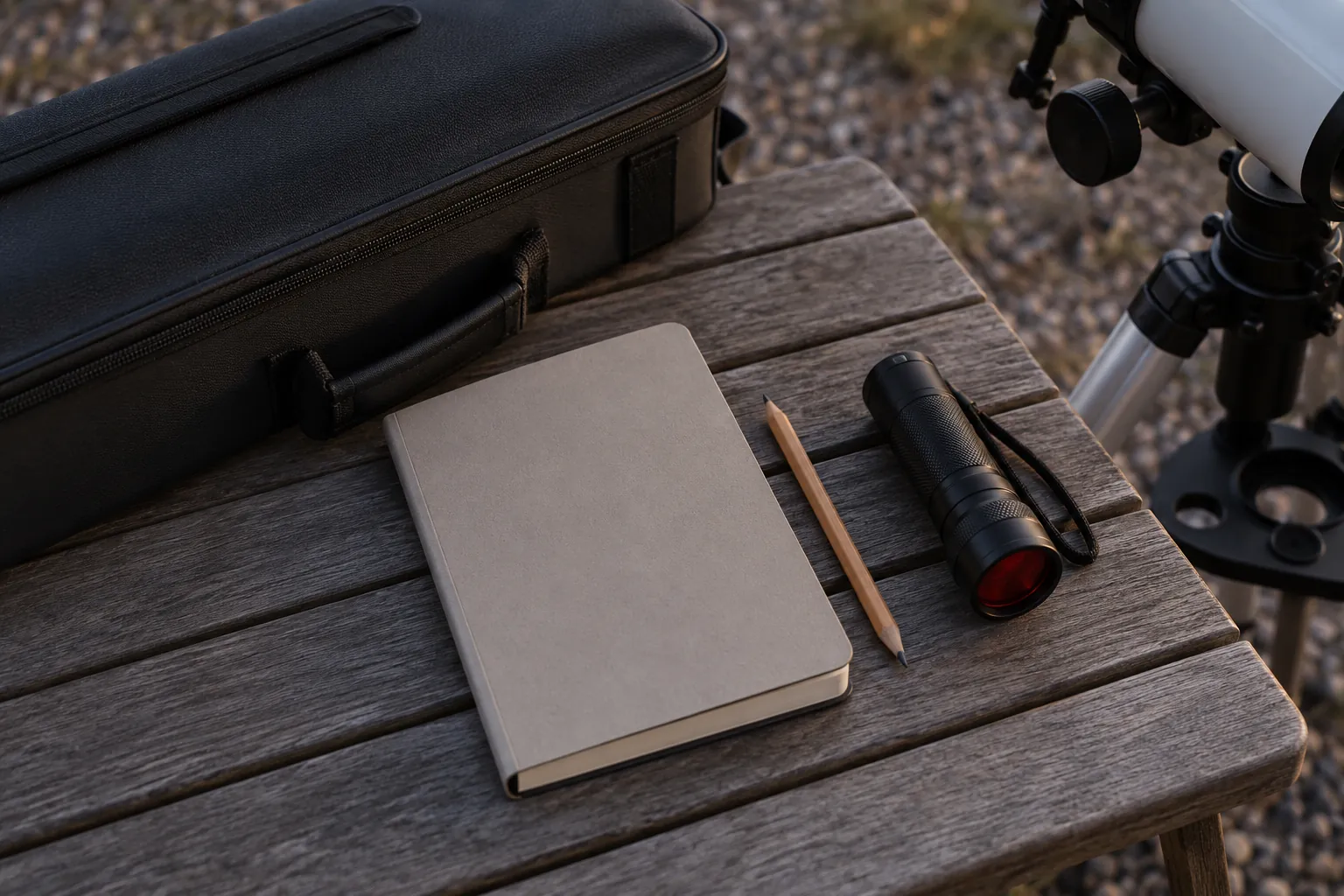 Illustration: A blank notebook, pencil and unlit red-lens torch beside a telescope case.