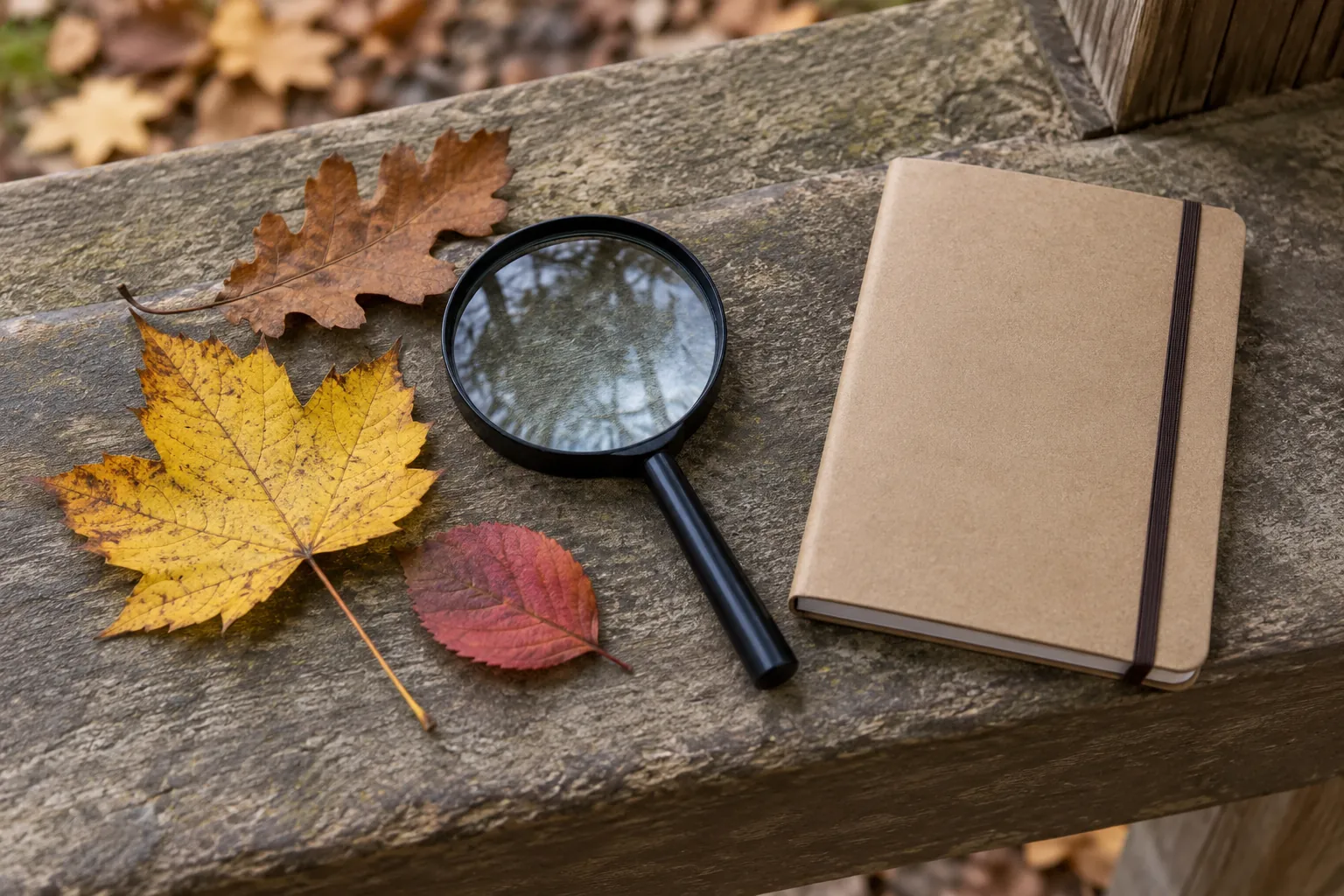 Illustration: A magnifying glass, fallen leaves and a blank field notebook on a shelter ledge.